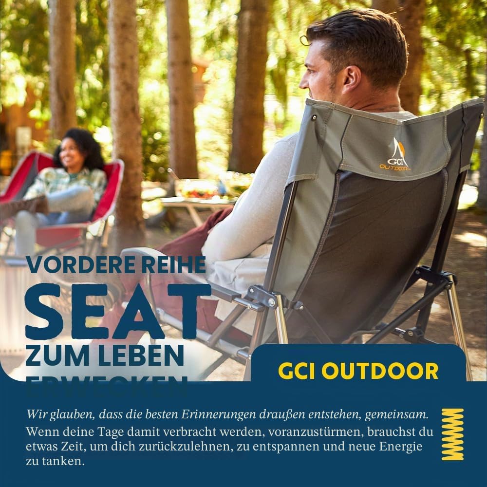 GCI Outdoor Roadtrip Rocker Campingstuhl | Tragbarer, klappbarer Schaukelstuhl mit soliden, langlebigen Armlehnen, Getränkehalter & bequemer verlängerter Rückenlehne – Indigoblau