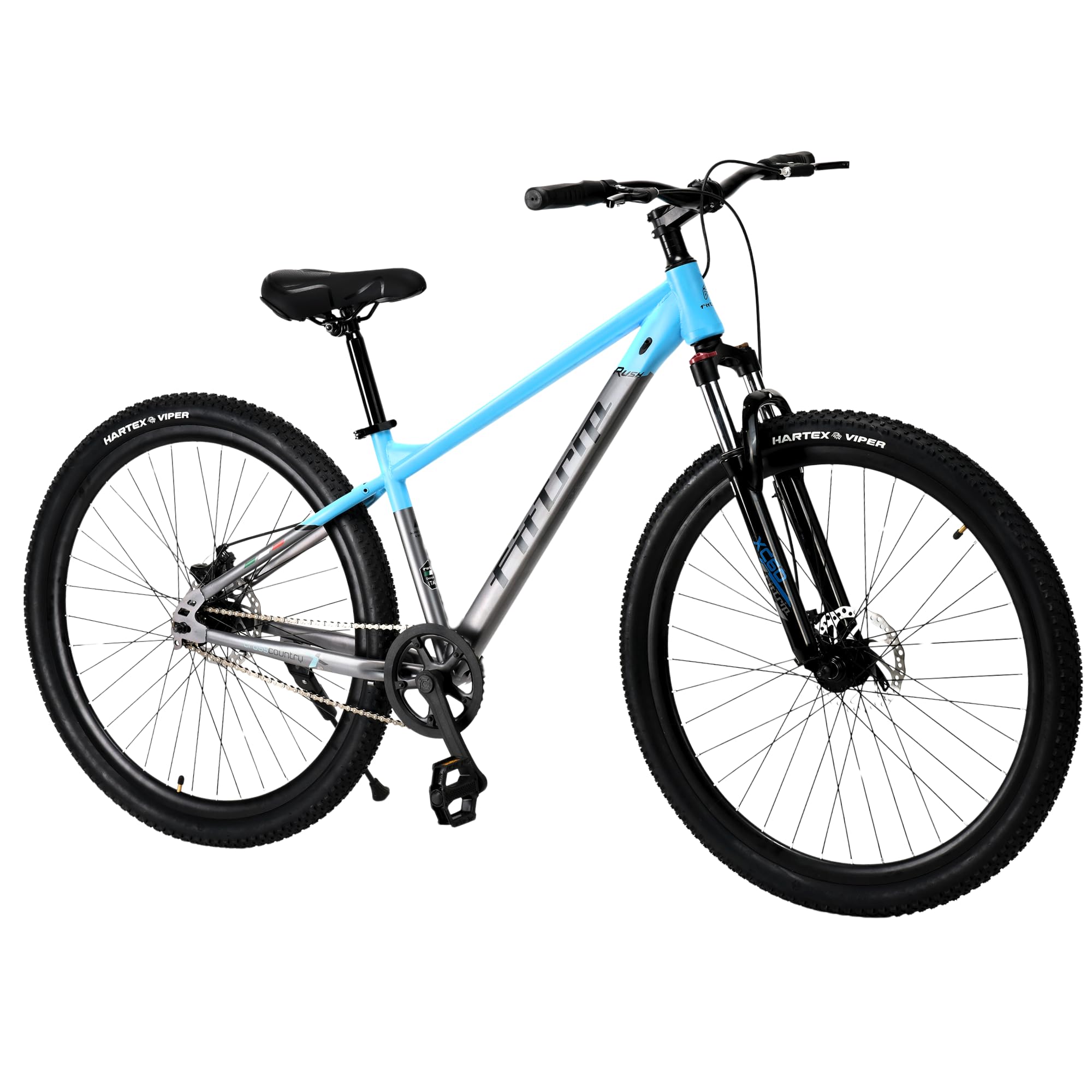 FitTrip Fox Rush 29T Unisex MTB | Non Gear MTB | Clarks UK Dual Disk Brakes | XC60 Lockout Suspension I 1030 Alloy Frame w/Internal Cabling | Zero Maintenance (Azure Blue)