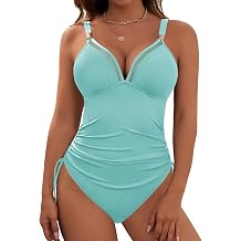 Womens Tummy Control One Piece Swimsuit Ribbed Slimming Mesh Modest Bathing Suit Metal Tie Knot Swim Suits