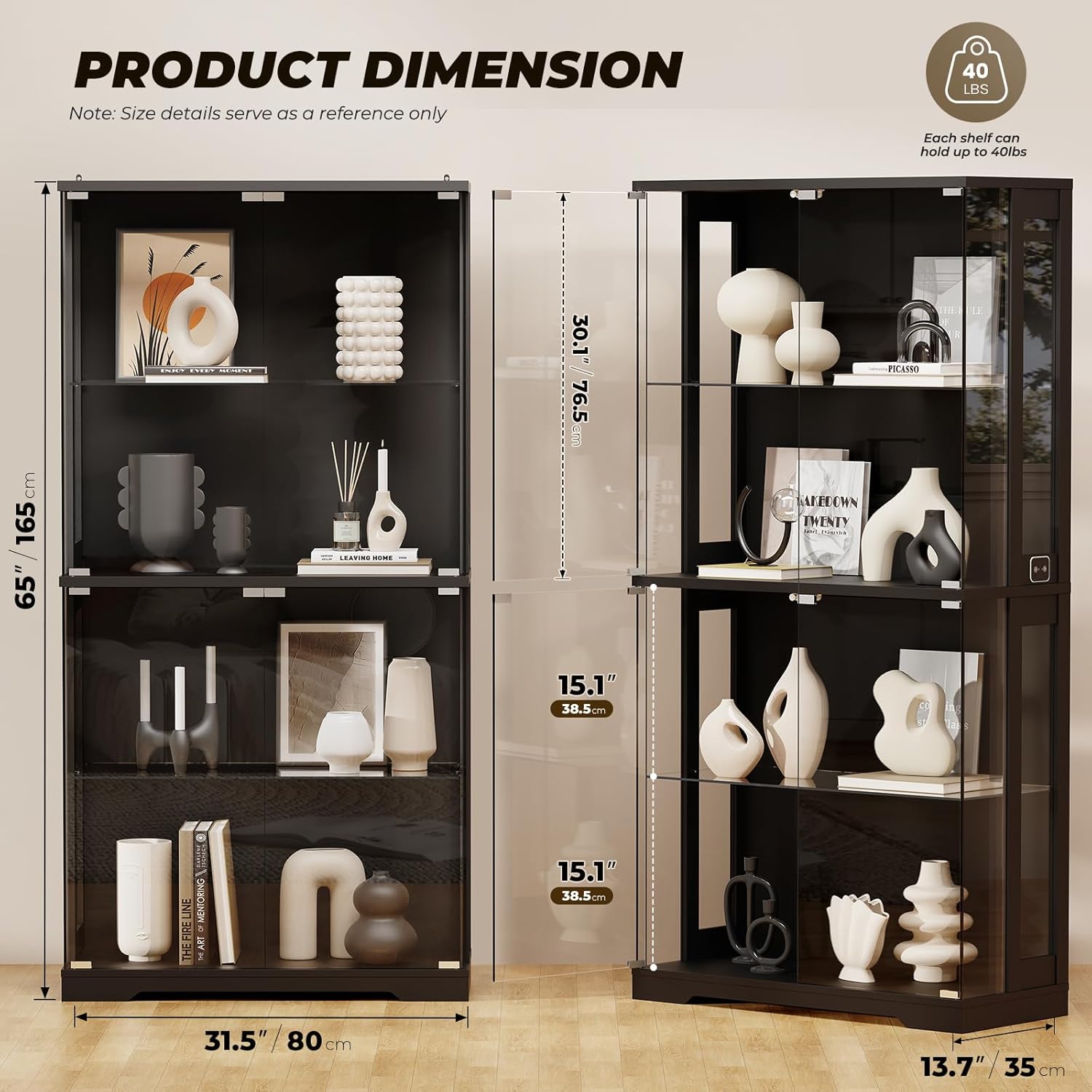 BROTTAR Display Cabinet with Glass Doors, 4-Tier Curio Cabinet with Transparent Full-Display Surface, 65" Glass Display Case with 3 Color Lights for Collectibles, Clear Case with Human Sensor Black
