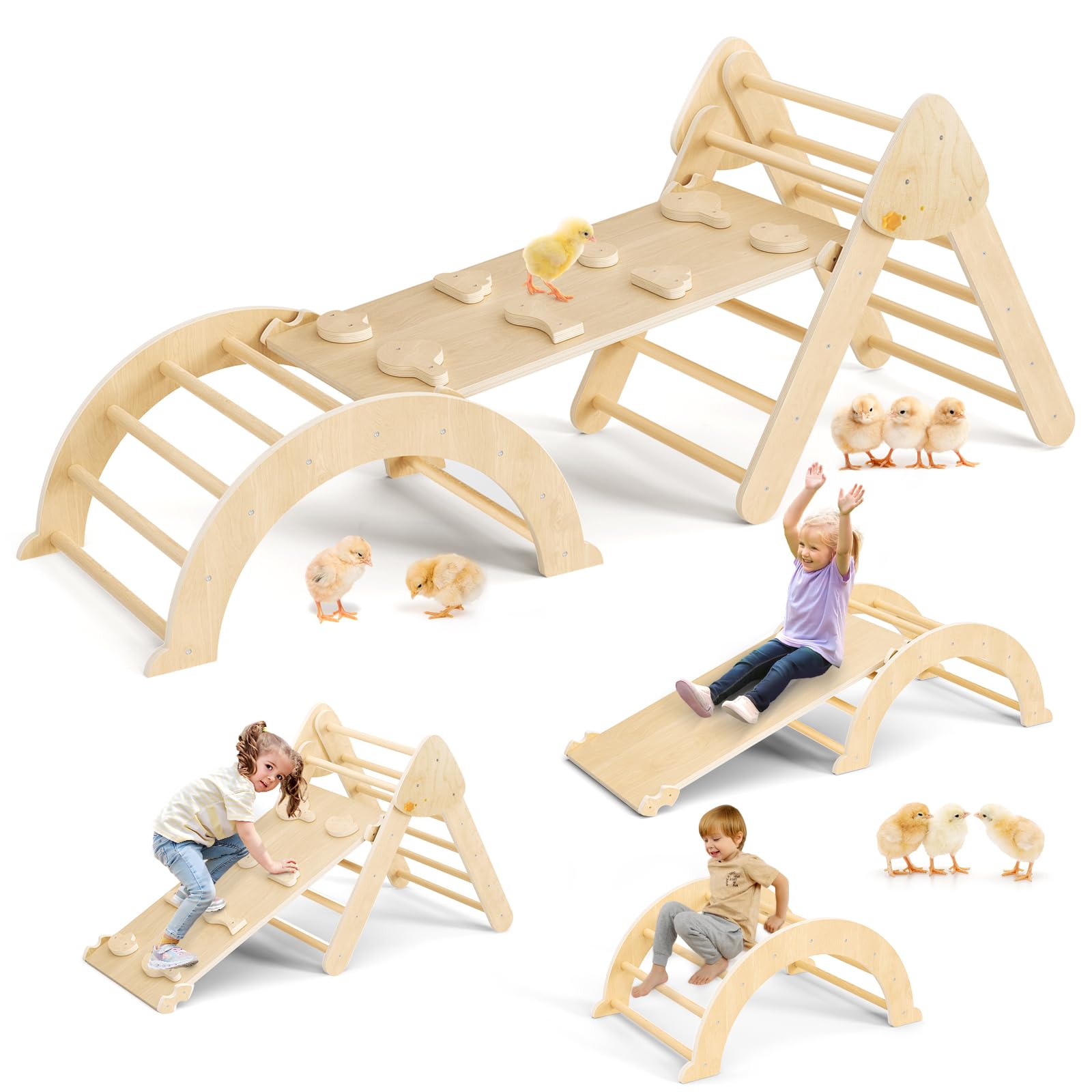 7-in-1 Montessori Klettergerüst Set Indoor Spielset mit Bogen, Rampe und Kletterdreieck, Holz-Dreieckset für Baby-Innenspielplatz für Kinder, Spielplatz-Klettertoys für Kleinkinder (Holzfarbe)