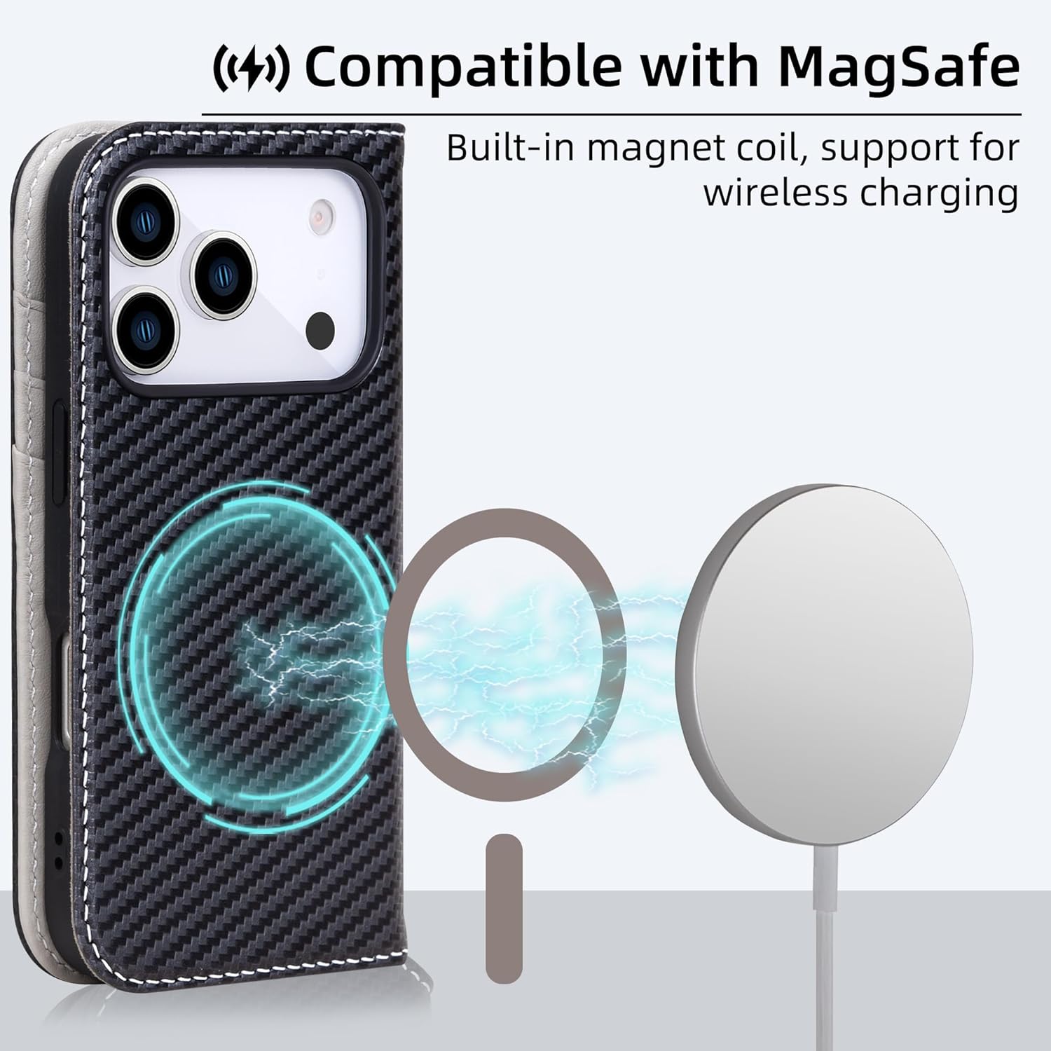 VISOUL Wallet Case for iPhone 17 Pro, Carbon Fiber Leather Wallet Magnetic Cover with RFID Blocking Card Holder Kickstand Flip Folio Case Compatible with iPhone 17 Pro (6.3-inch)-Black+Gray - Image 3