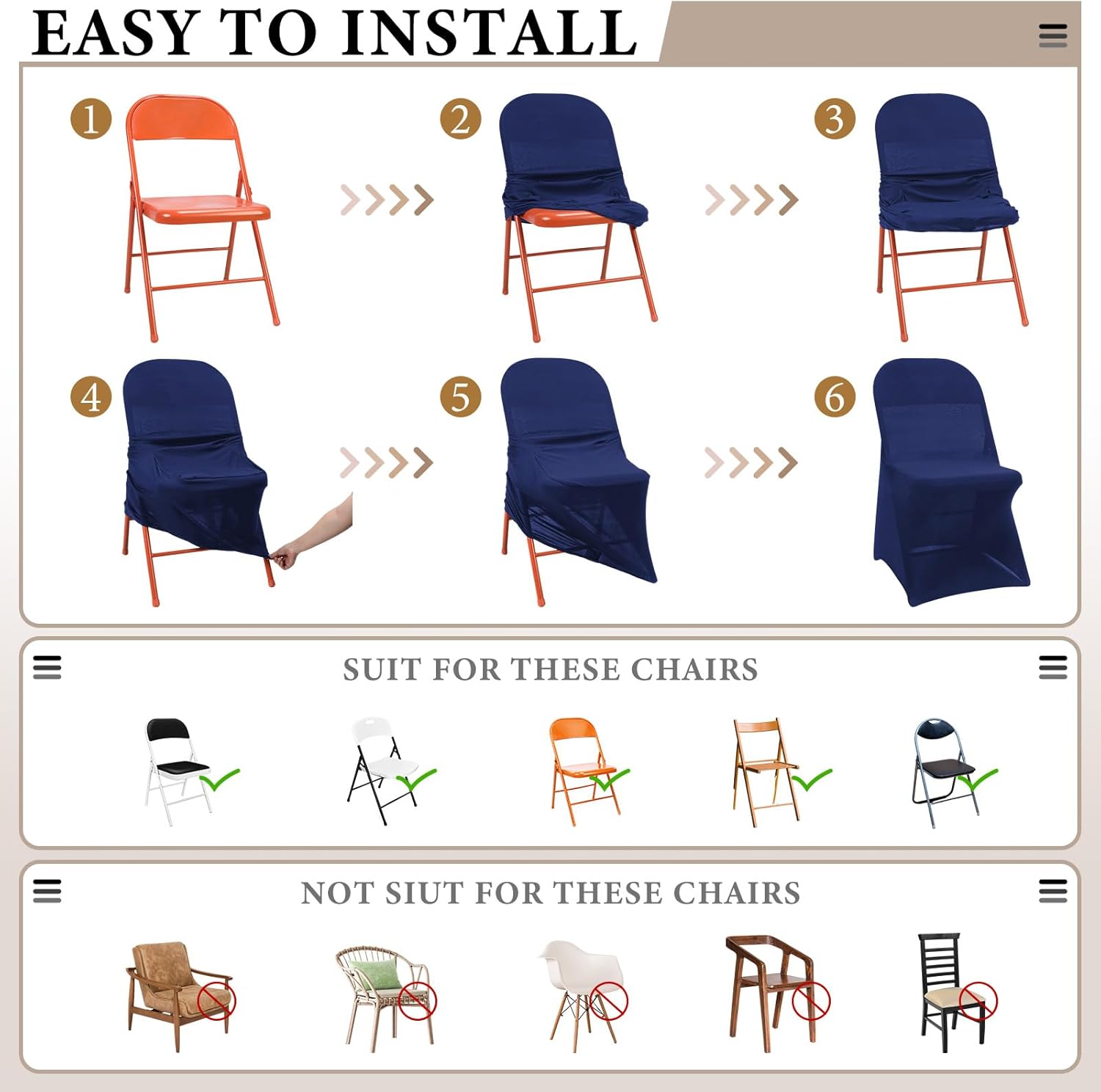 Newwiee 50 Pcs Spandex Chair Covers Bulk - Stretch Folding Flat Front Fitted Universal Chair Protector Pack Removable Washable for Wedding Party Dining Banquet Event (Navy Blue)