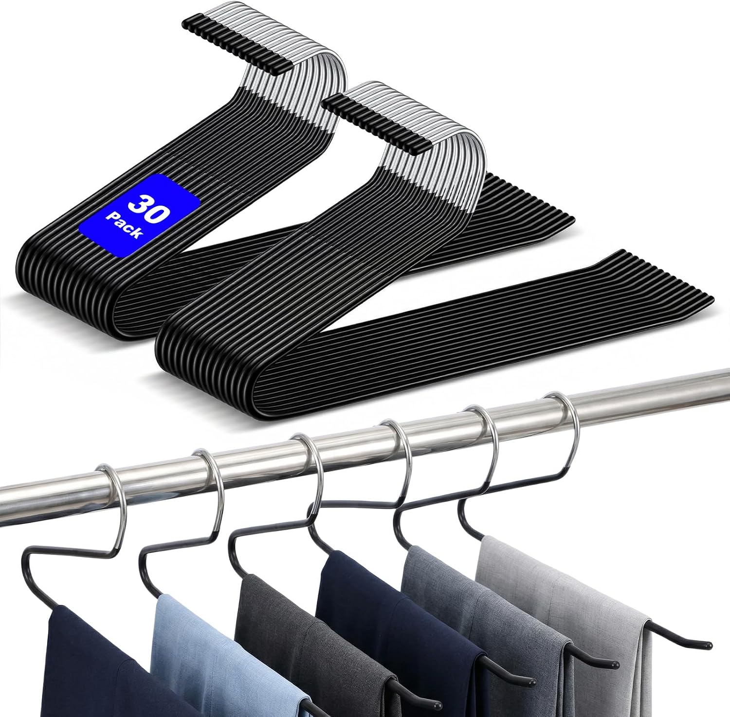 30 Pack Non Slip Pants Hangers Open Ended Heavy Duty Jean Hangers Space Saving Metal Clothes Hanger for Jeans Slacks Scarves Towels Black 13.8x4.3 Inches