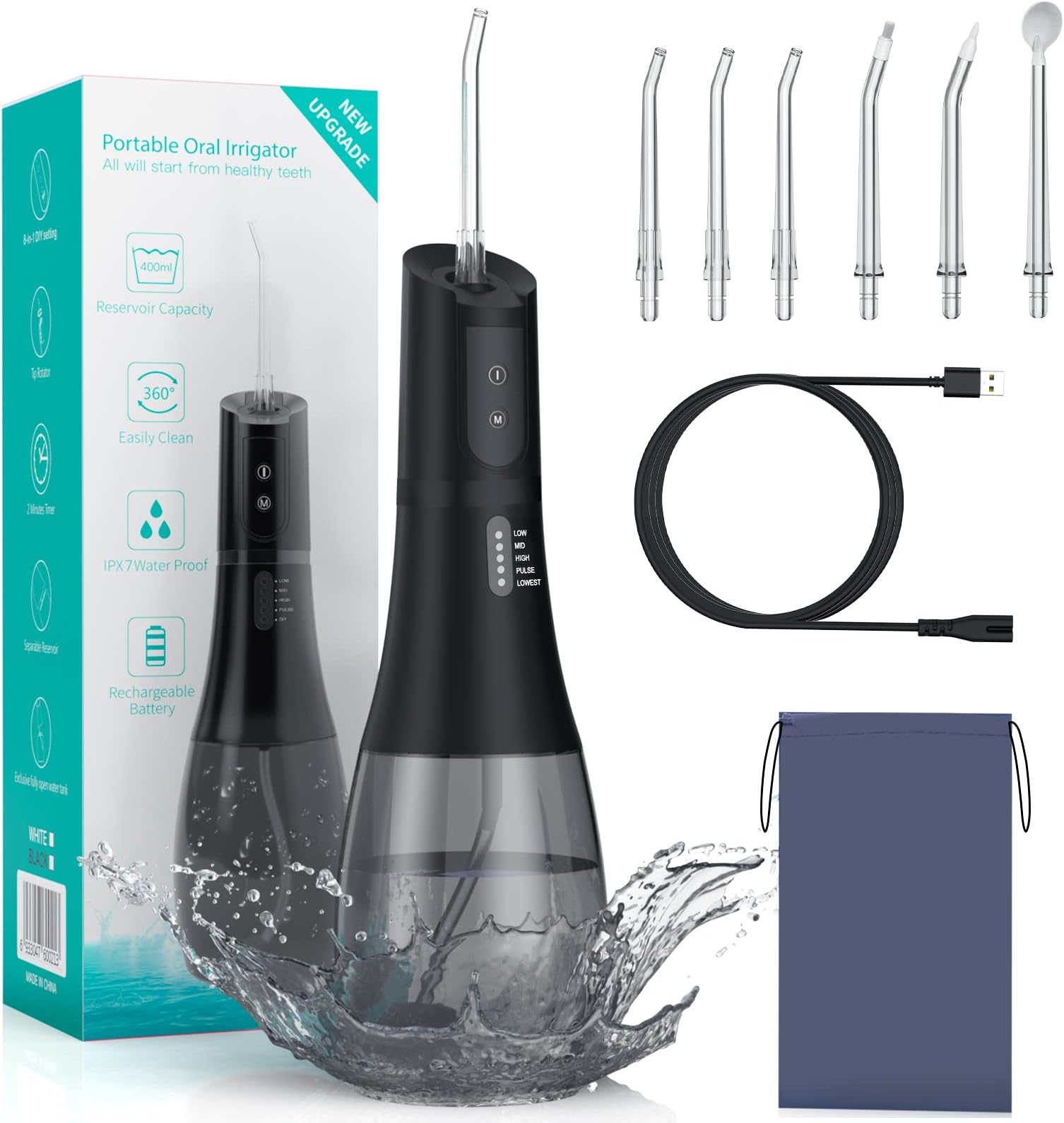 Portable Water Dental Flosser for Teeth Cordless Rechargeable Oral Irrigator with 5 Modes 40-140PSI for Teeth Cleaning IPX7 Waterproof (Black)