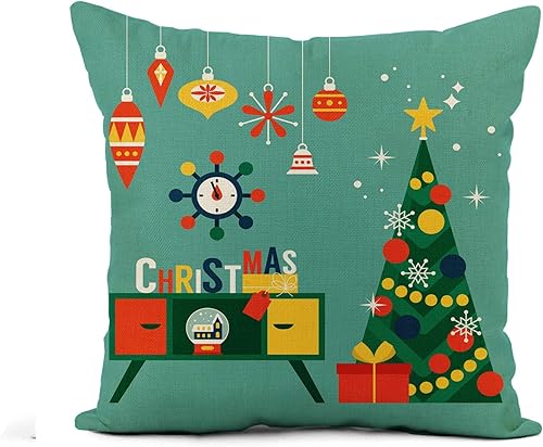Awowee - Funda de almohada de lino con diseño de árbol de Navidad y muebles de mediados de siglo, 16.0 x 16.0in, para decoración del hogar,