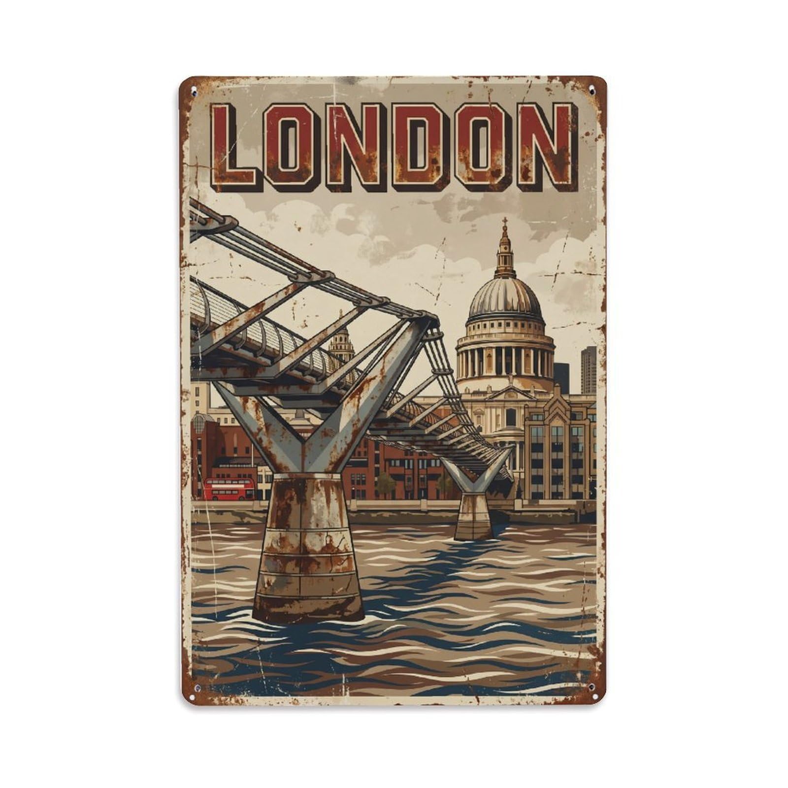 Vintage Travel London Millennium Bridge Modern Rusted England Metal Tin Sign Plaque Wall Decor for Cafe, Club Bar, Office, Home Garden Metal Poster 8x12Inch