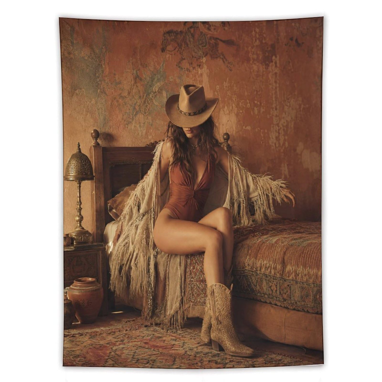W7C8U2X3 Rustic Cowgirl Bedroom Wall Tapestry, Detailed Illustration Style