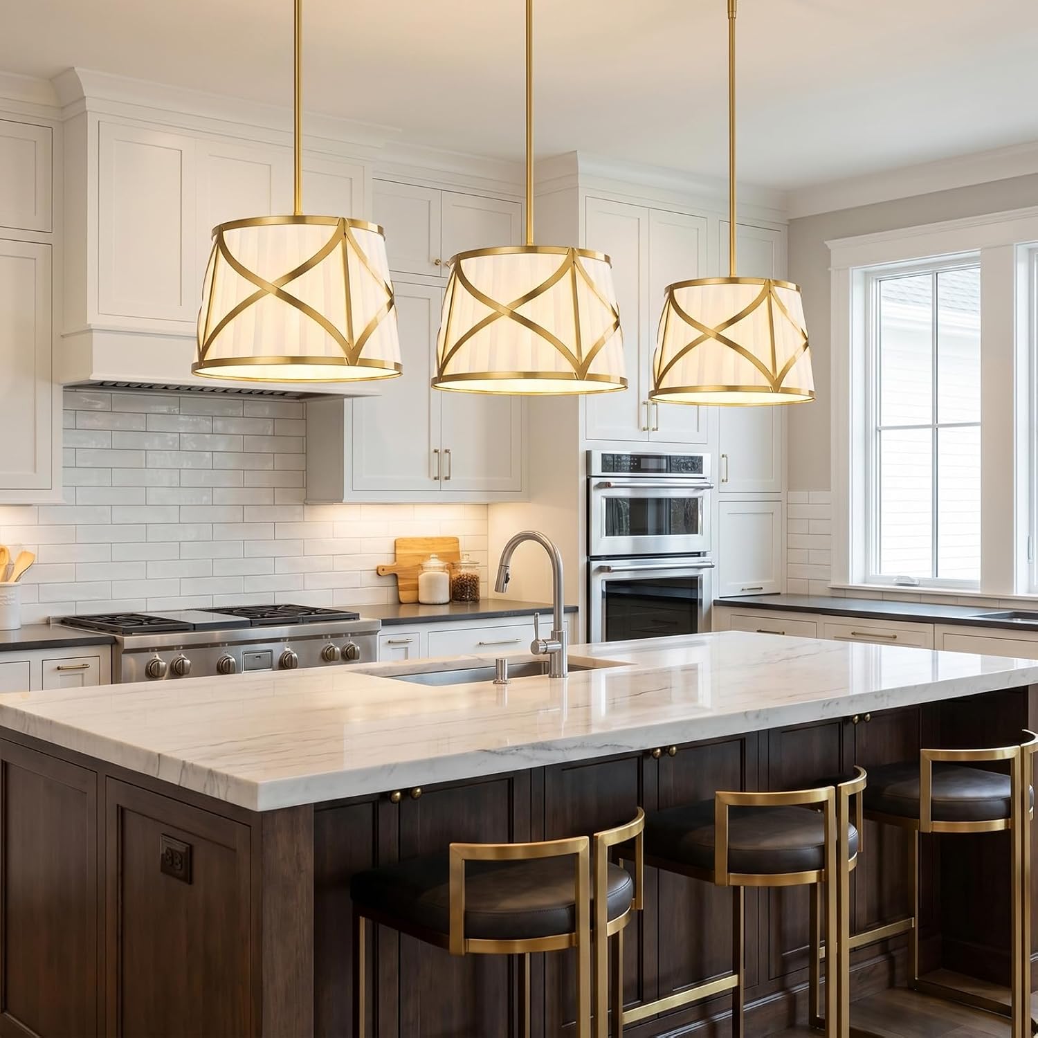 Modern Drum Pendant Light, 12" Gold Metal Frame with White Fabric Shade, Adjustable Dining Room Pendant Light for Kitchen Island Bedroom Dining Room Living Room Farmhouse Foyer Entryway