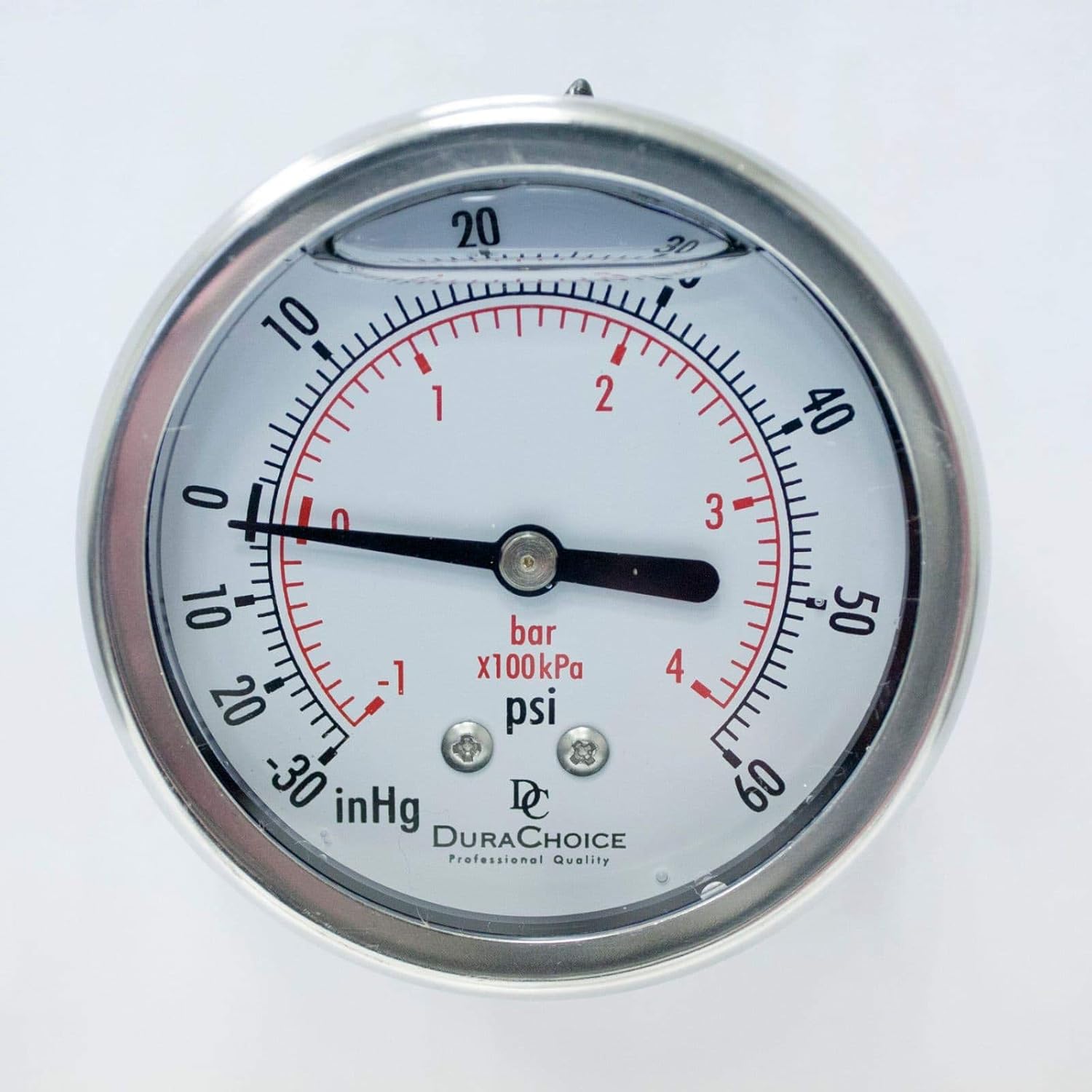 4" Oil Filled Pressure Gauge - Stainless Steel Case, Brass, 1/4" NPT, Center Back Mount Connection, 0-30PSI