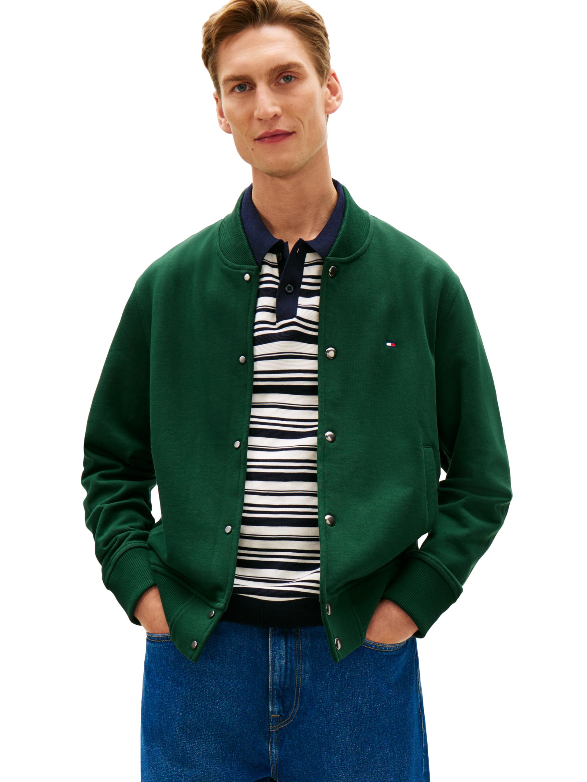 Men's Lightweight Cotton Bomber Jacket With Embroidered Flag Logo