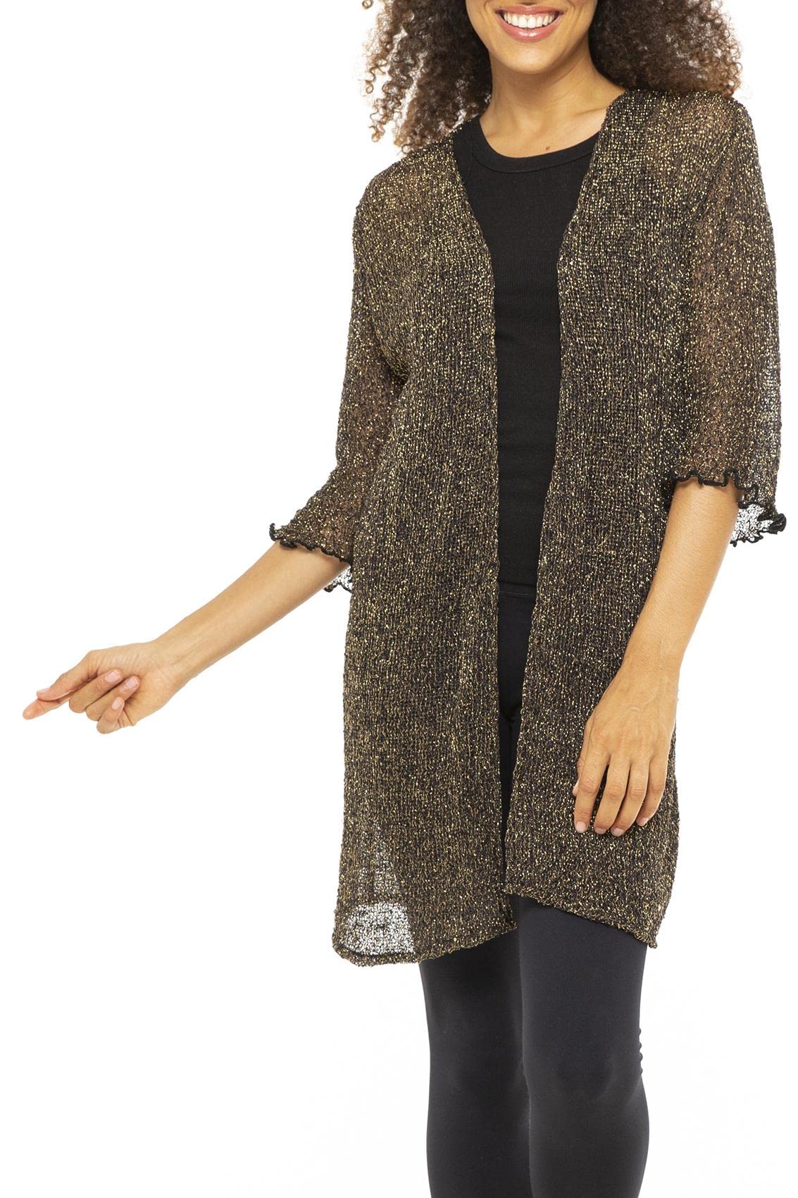 Back From Bali Womens Metallic Sheer Long Cardigan Open Front Shrug Lite Kimono Sweater Lightweight Knit