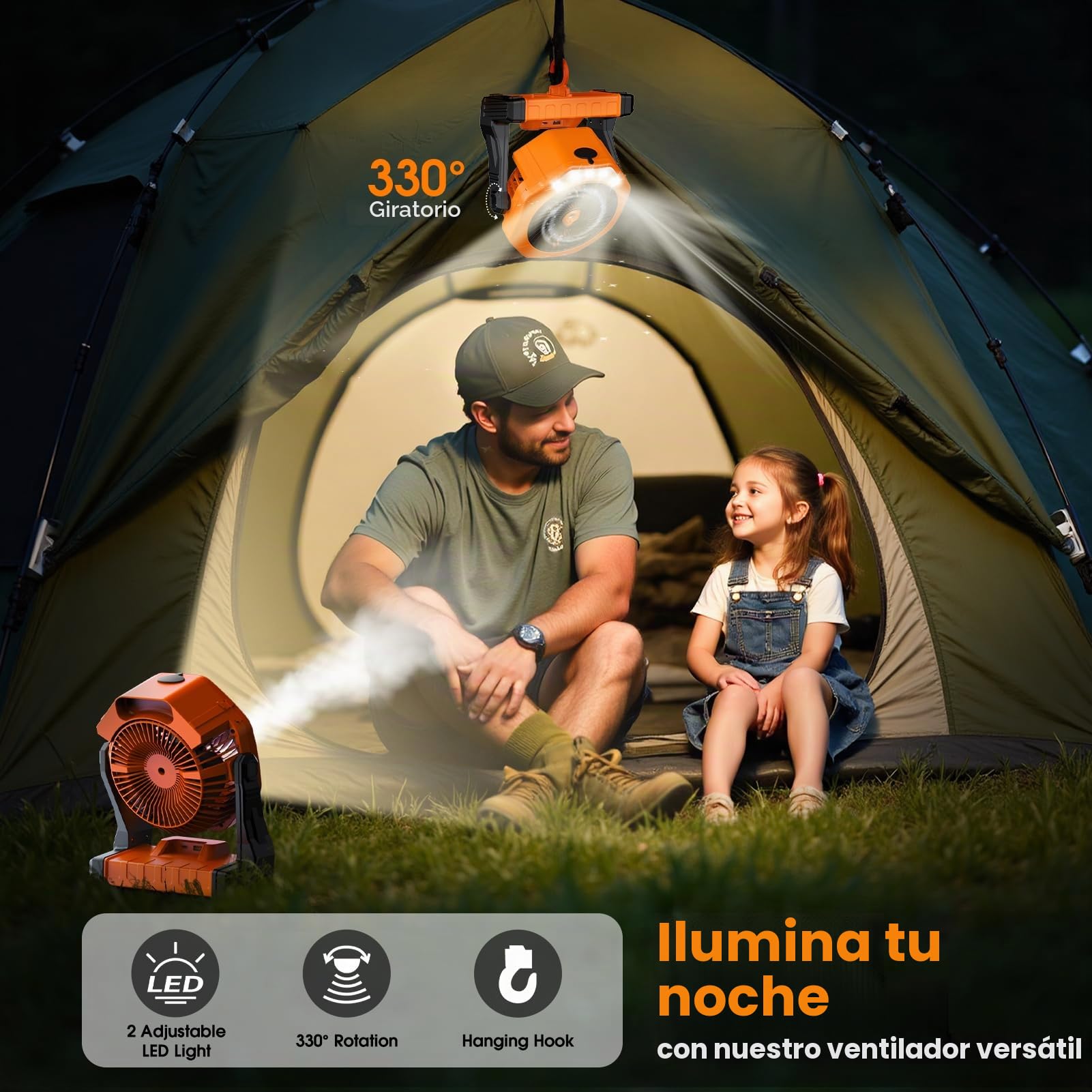 Ausic Ventilador de nebulización portátil, ventilador recargable para exteriores, luz LED, gancho, 35 horas