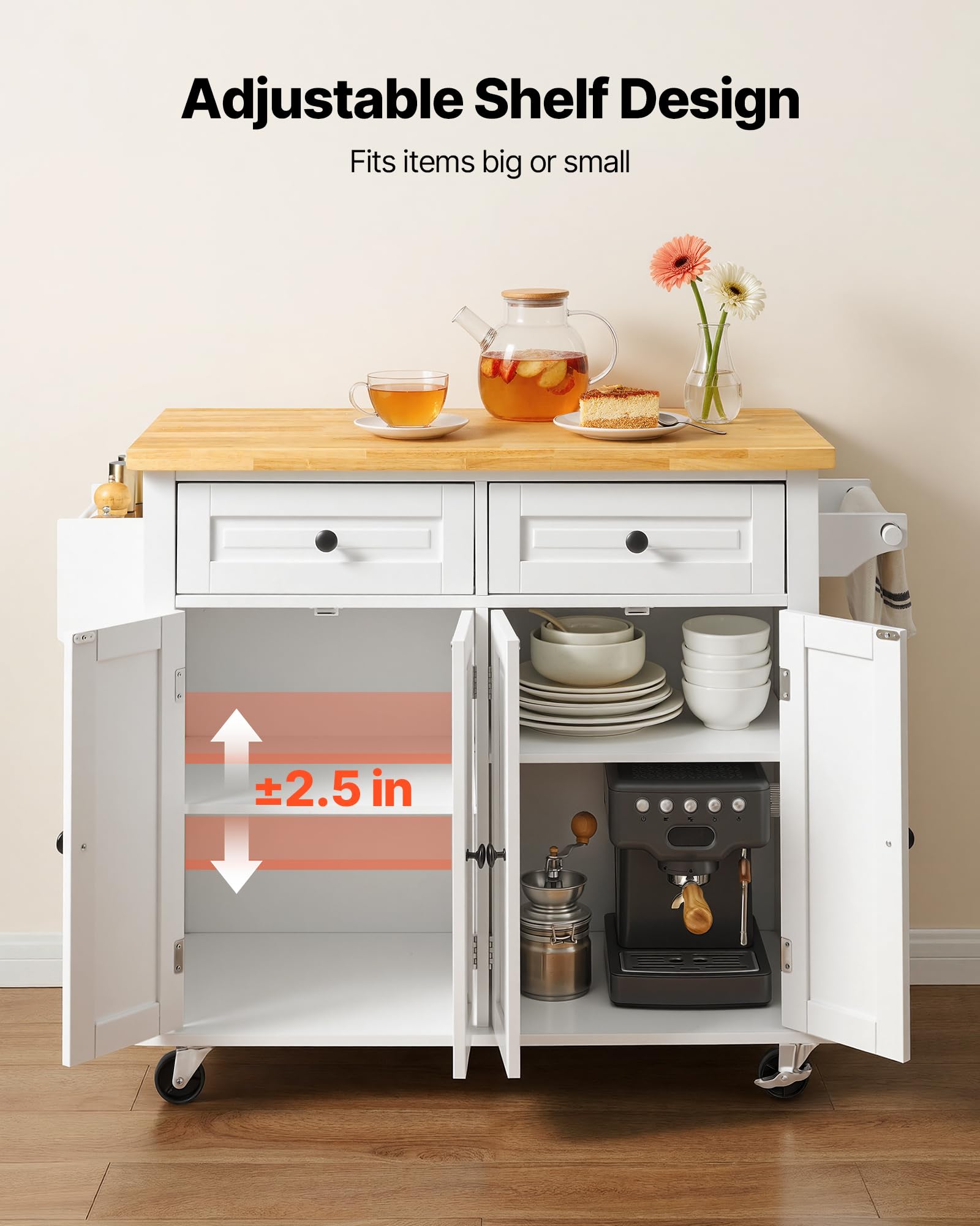 VEVOR Îlot Central 90x45 cm Desserte de Cuisine à roulettes 2 Armoires 2 Tiroirs Meuble de Cuisine avec Plan de Travail en Bois Massif Porte-Épices Porte-Serviettes Buffet de Rangement Bar Cuisine