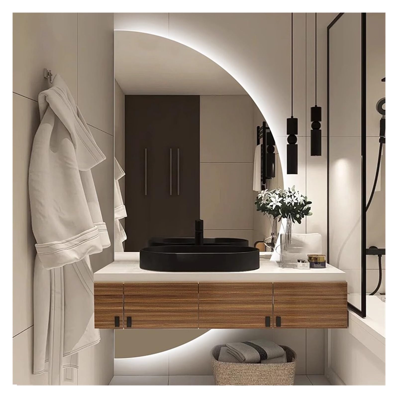Nowoczesne okrągłe lustro ścienne, regulowane podświetlane lusterko do makijażu 3000 K-6000 K, przeciwmgielne, podświetlany design retro, idealne do dekoracji łazienki i toaletki