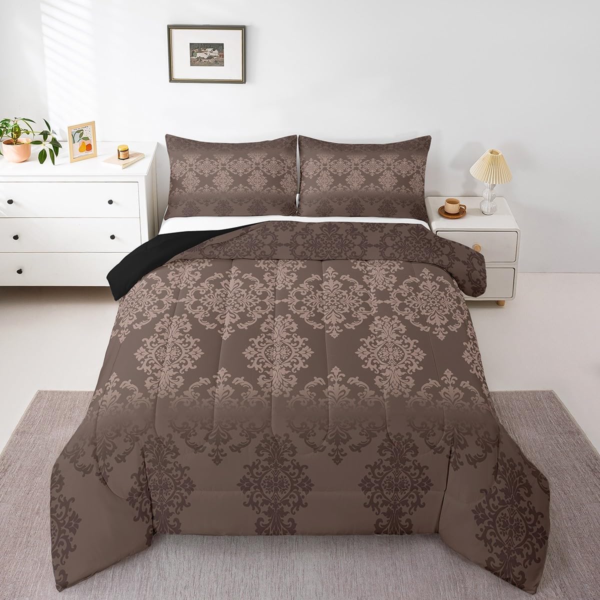 jejeloiu Brown Gothic Comforter Set Queen Vintage Paisley Damask Floral Bedding Sets for Women Girls,Antique Victorian Baroque Goth Quilt Bedding Set Bohemian Exotic Down Comforter Room Decor 3Pcs