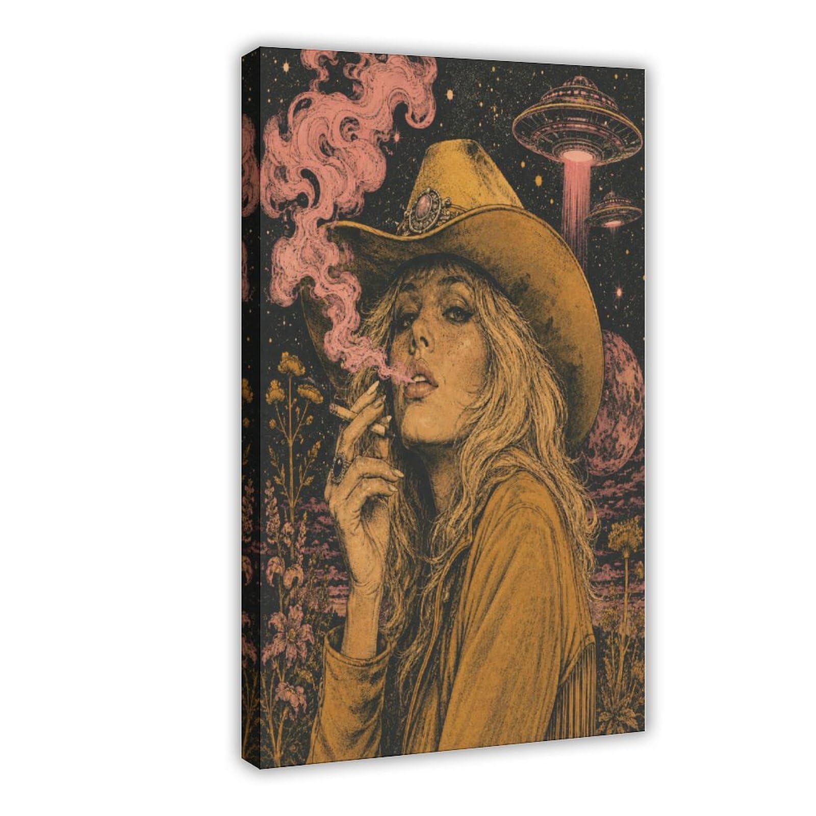 W7c8u2x3 Frame-Style-19 Cowgirl Smoking Under Ufo Canvas Wall Art, Bedroom Wall Art