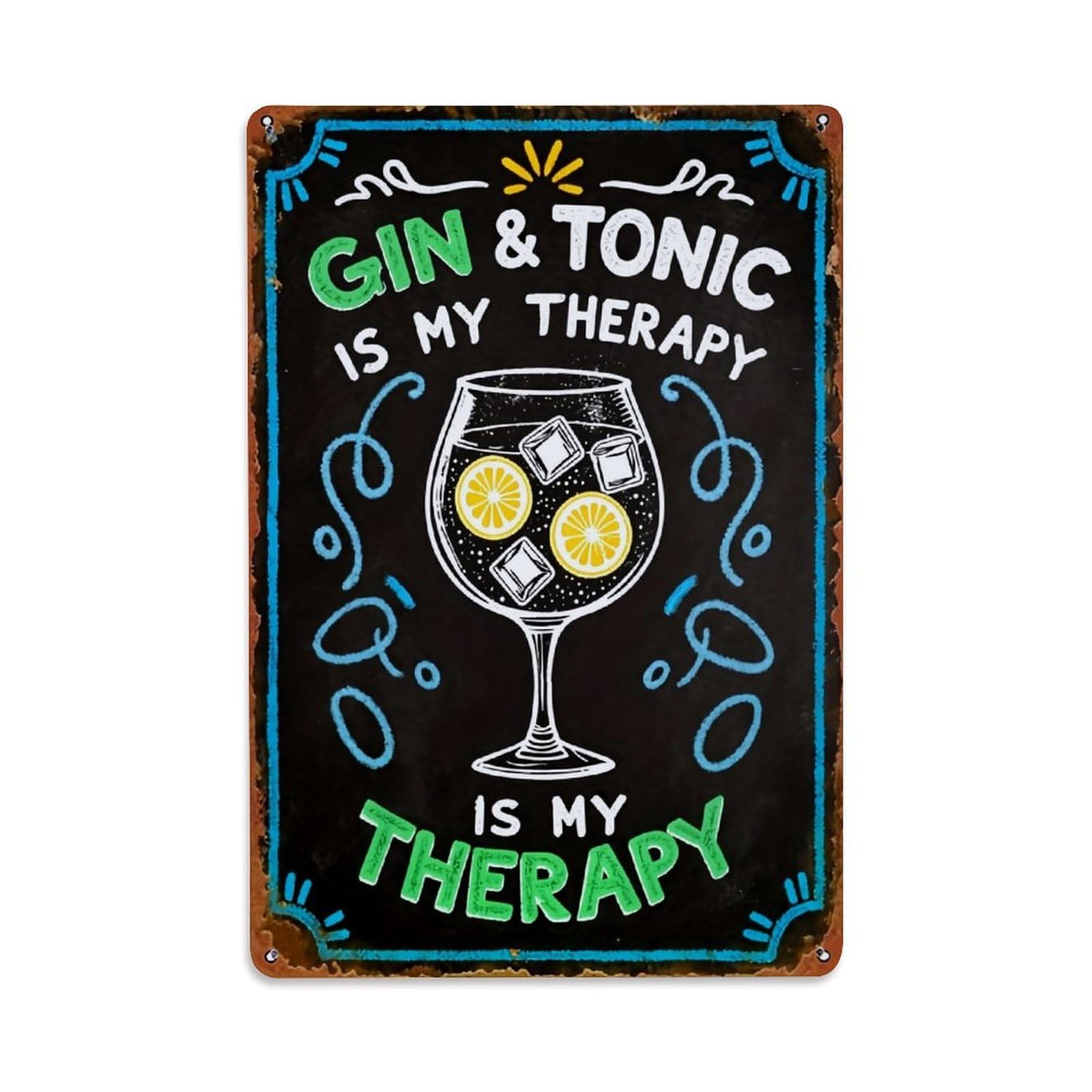 Gin And Tonic Therapy Sign Retro Metal Tin Sign, Vintage Decor Art Poster for Bar, Home, Man Cave, Kitchen, Laundry Room Gift 8x12Inch