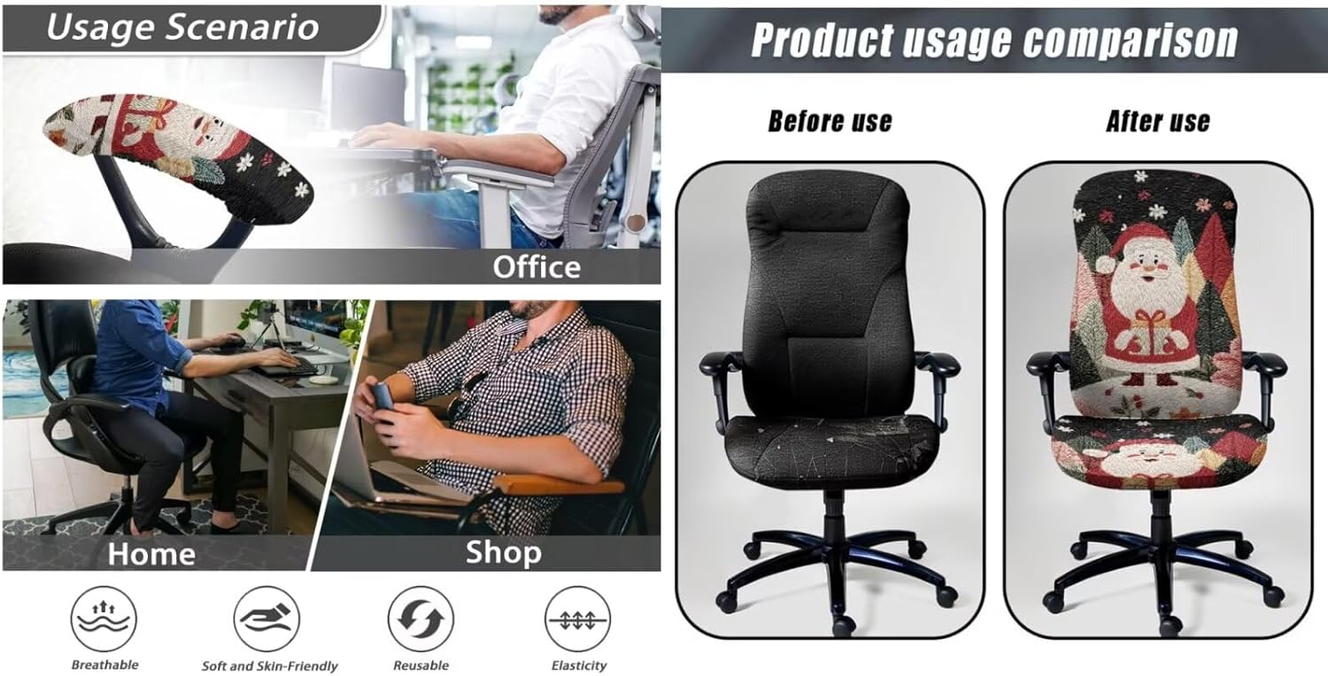 Christmas Office Chair Seat Cover with Armrest Covers Funny Santa Claus Rotating Chair Executive Boss Chair Covers Christmas Decorations