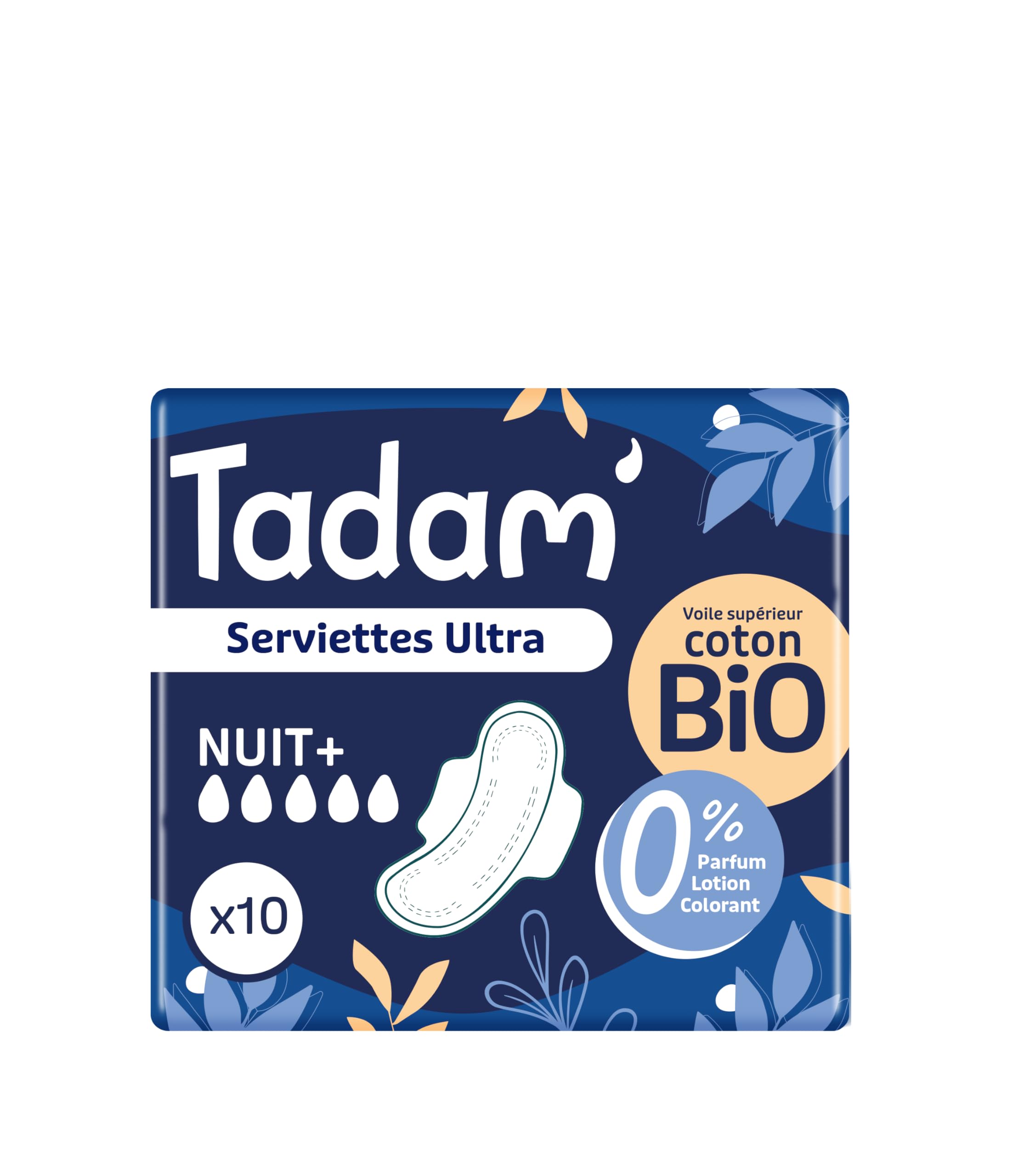 TADAM' Serviettes Hygiéniques Dermo-Sensitives - Protections Hygiéniques Femme Ultra Fines avec Ailettes - Flux Normal - Extra Absorbantes - Coton Bio - Confort Nocturne