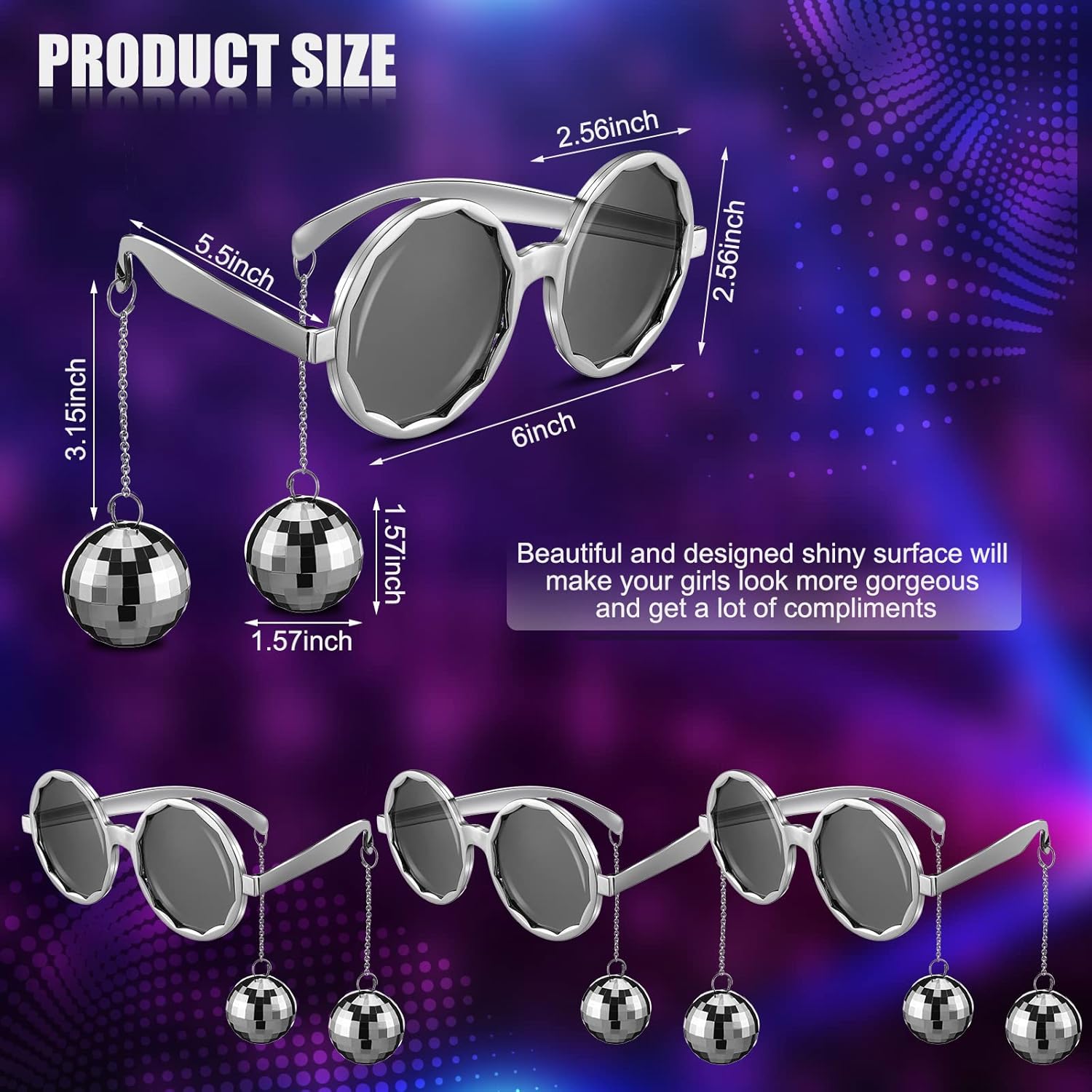 Oudain 9 Pairs Retro Disco Ball Glasses Funny Party Sunglasses 70s Disco Silver Chain Glasses for Women Girls Party Favors