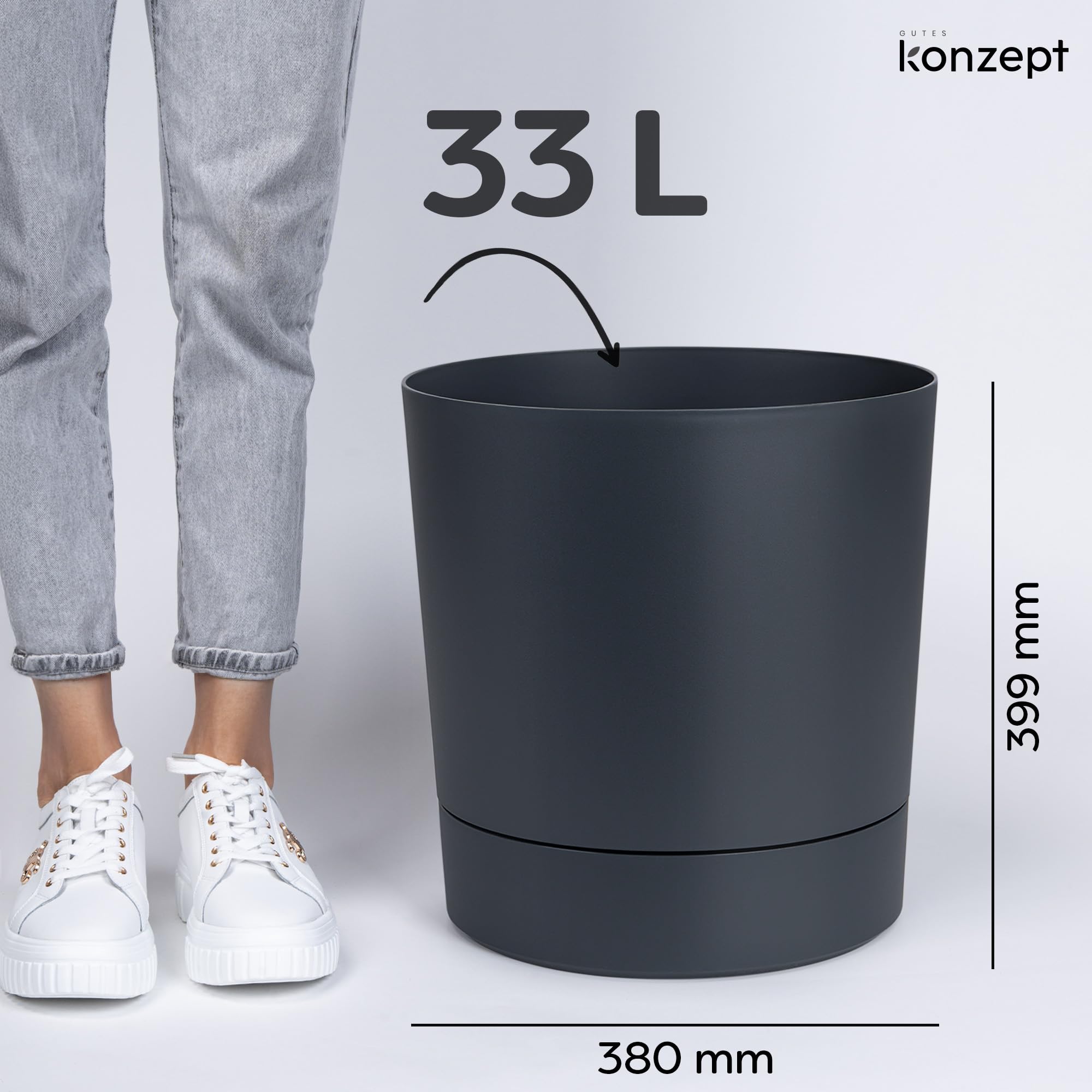 KONZEPT Blumentopf mit Untersetzer 38 cm - großer Übertopf aus Kunststoff für Zimmerpflanzen, modern und wetterfest, für Innen und Außen, Anthrazit