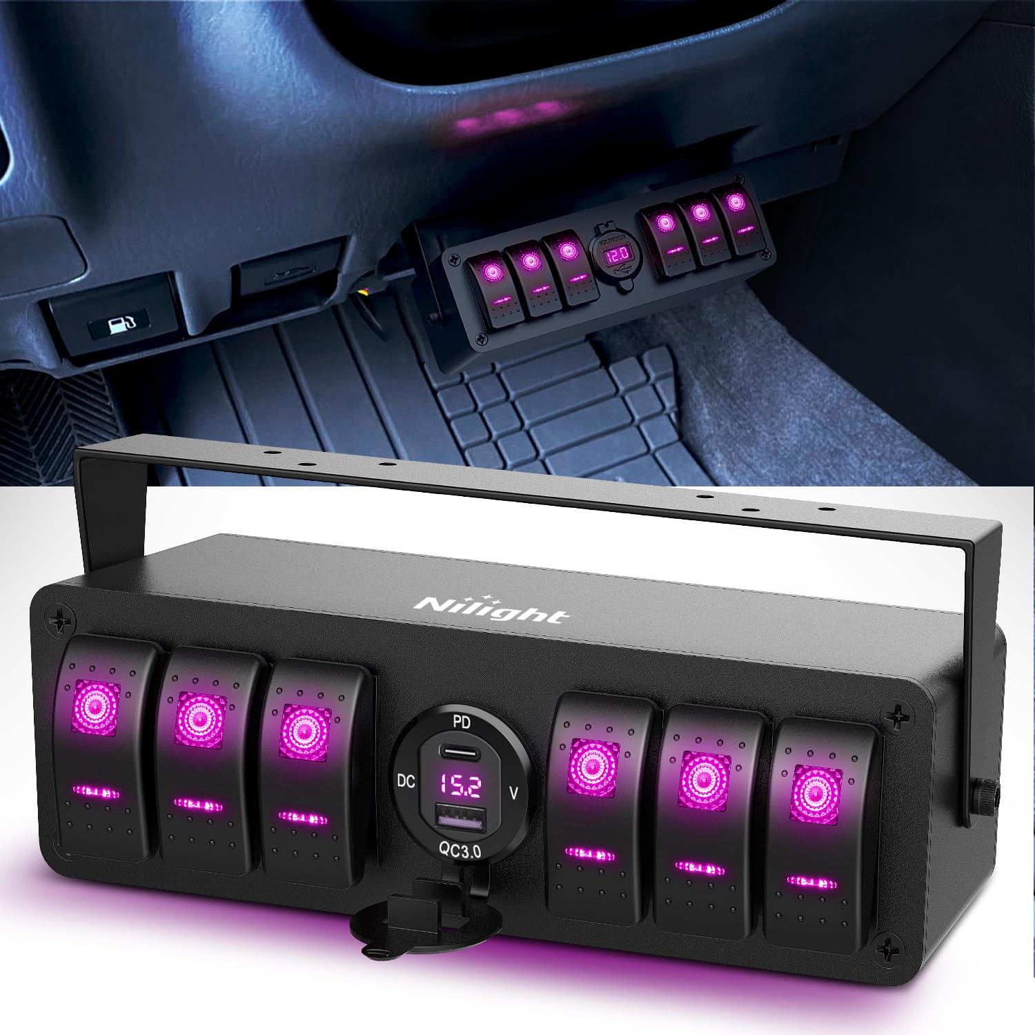 Nilight 12V SPST ON Off Purple LED Waterproof 6 Gang Rocker Switch Box | Toggle Switch PD Type C and QC 3.0 USB Socket Voltmeter Aluminum Mounting Bracket Panel DIY Sticker for Boat Car RV Truck-picture-17