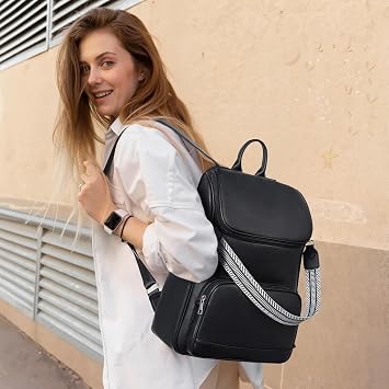 Leather Laptop Backpack for Women, 15.6 Work Travel College Bag, Teacher Nurse Convertible Backpack Purse Black
