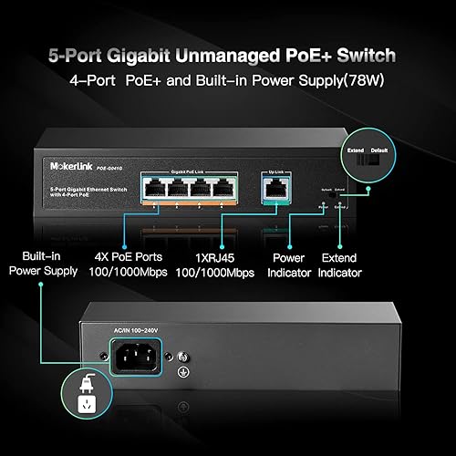 Miniatura 2 de MokerLink Conmutador POE Gigabit de 5 puertos, con 4 puertos POE+ 1000Mbps, 78W IEEE802.3afat, Plug and Play no administrado, metal resistente sin