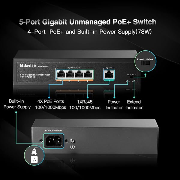 MokerLink 5 Port Gigabit POE Switch, with 4 Ports POE+ 1000Mbps, 78W IEEE802.3af/at, Plug and Play Non Gestito, Metallo Robusto, Senza Ventole - 2