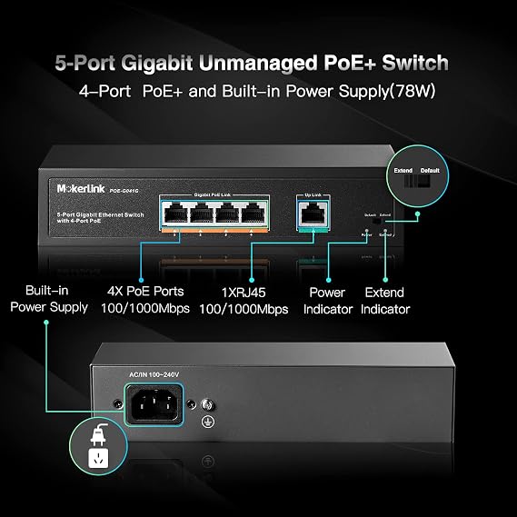 MokerLink 5 Port Gigabit POE Switch, with 4 POE+ Ports 1000Mbps, 78W IEEE802.3af/at, Unmanaged Plug and Play, Sturdy Metal Fanless