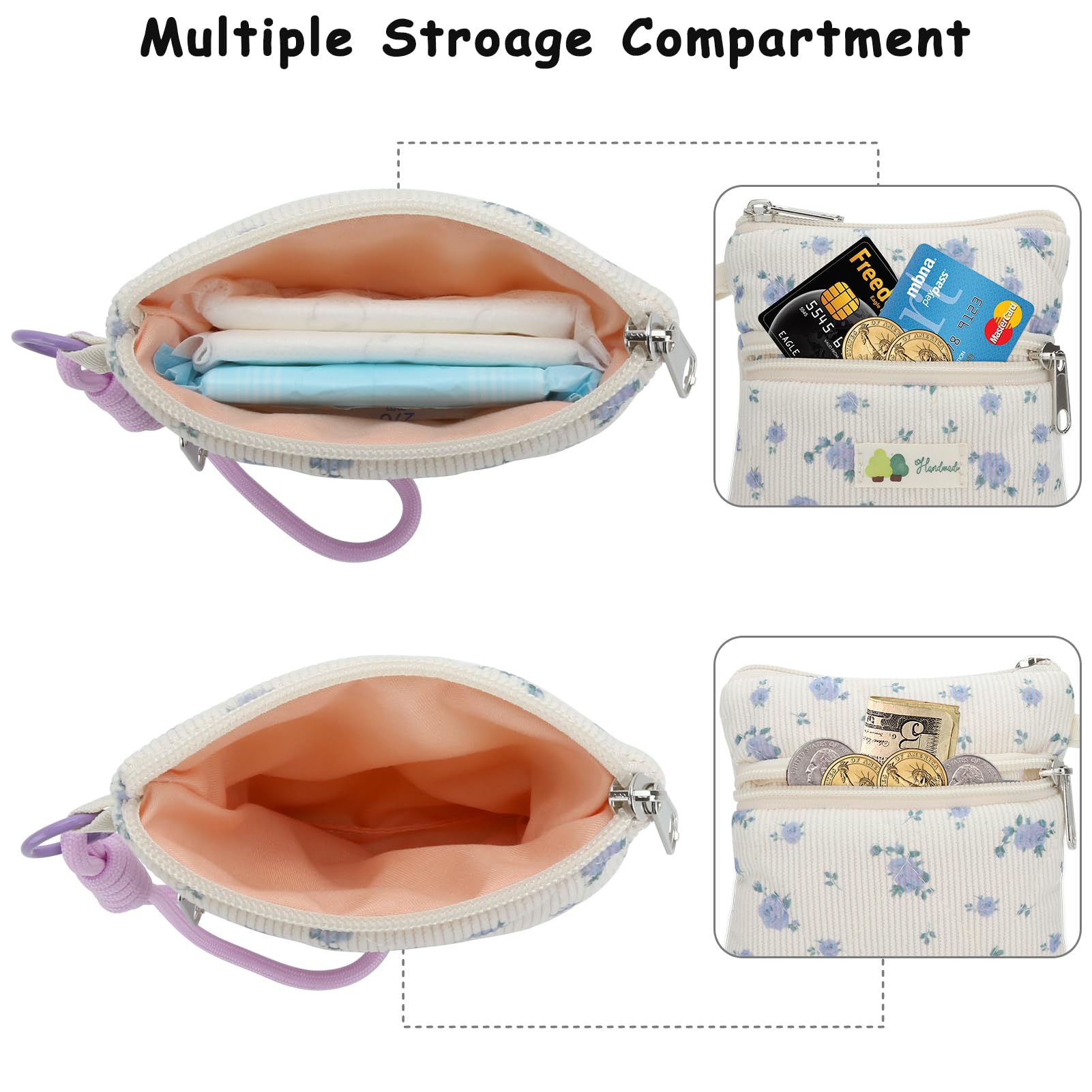 Cute Corduroy Period Bag for Purse, Discreet Zipper Sanitary Pad & Tampon Holder, Portable Coin Storage Pouch, Thoughtful First Period Gift (Blue Rose)