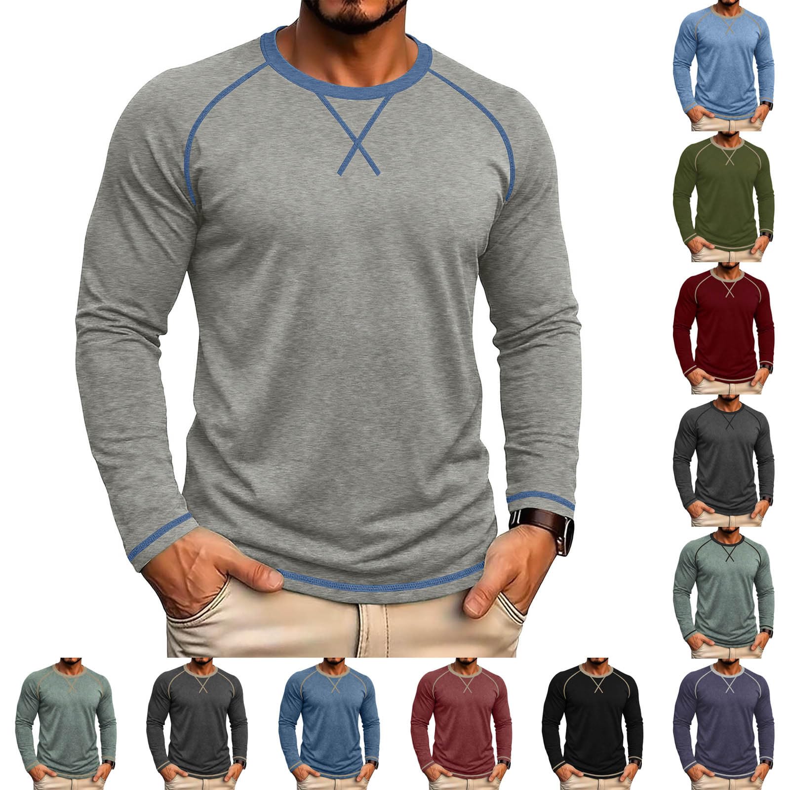 Raglan Long Sleeve Tshirts for Men Casual Pullover Crew Neck Tee T-shirts