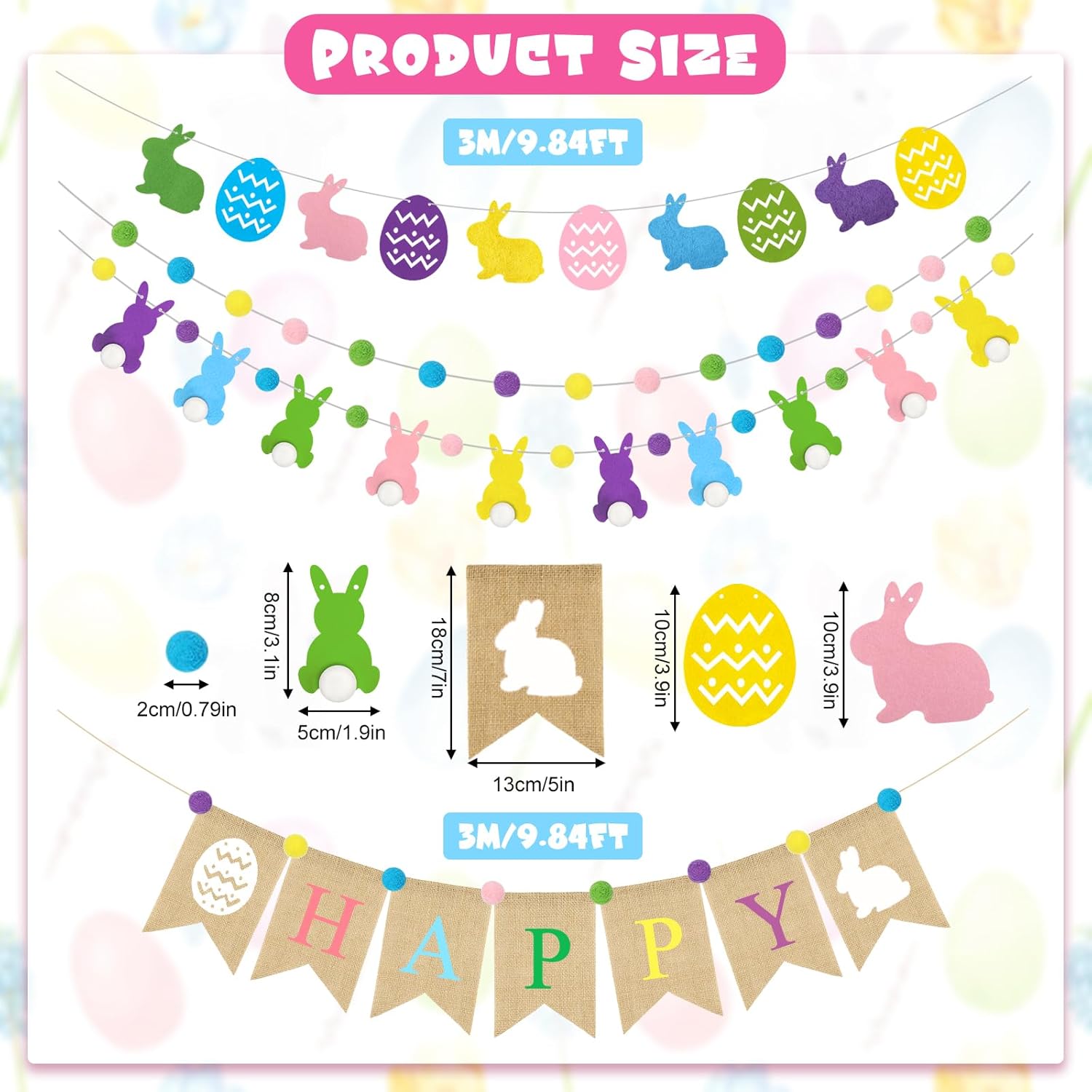 Ouddy Life 5Pcs Happy Easter Burlap Banner, Easters Felt Ball Bunny Garland with Pom Poms for Happy Easter Decorations Home Spring Farmhouse Mantle Office Party Kids Egg Hunts Indoor Outdoor Decor