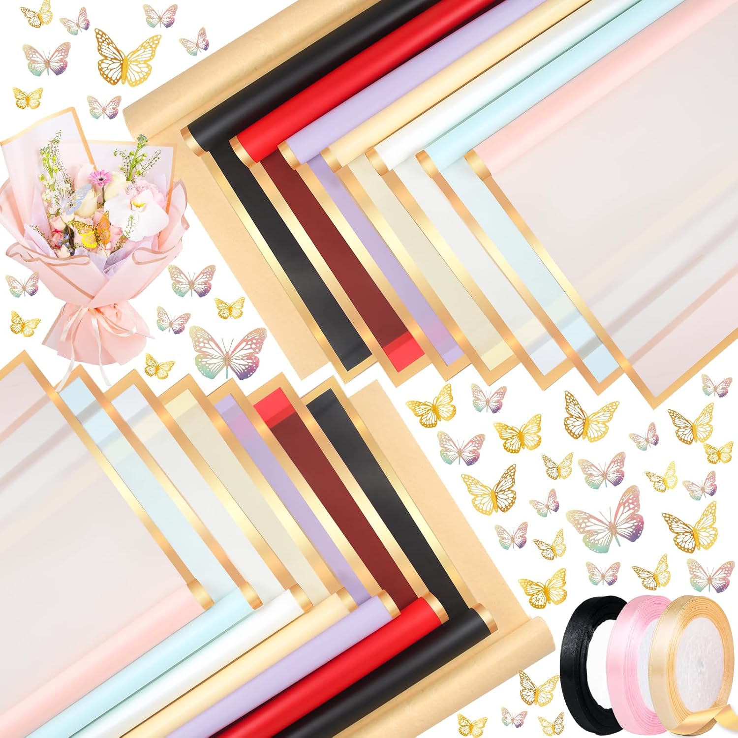 Ecoofor Flower Wrapping Paper Set, 80 Sheets Waterproof Translucent Gold Edge Floral Paper & Kraft Paper, 23 x 23 in & 23.6 x 23.6 in, with 3D Butterflies & 3 Colors Ribbons for Bouquets, Gifts & DIY Crafts