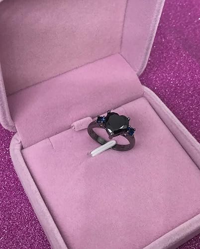 Miniatura 3 de XIALV Anillo de promesa chapado en rodio negro de ágata simulada en forma de corazón y circonita cúbica azul para mujer (talla 8 de EE. UU.),