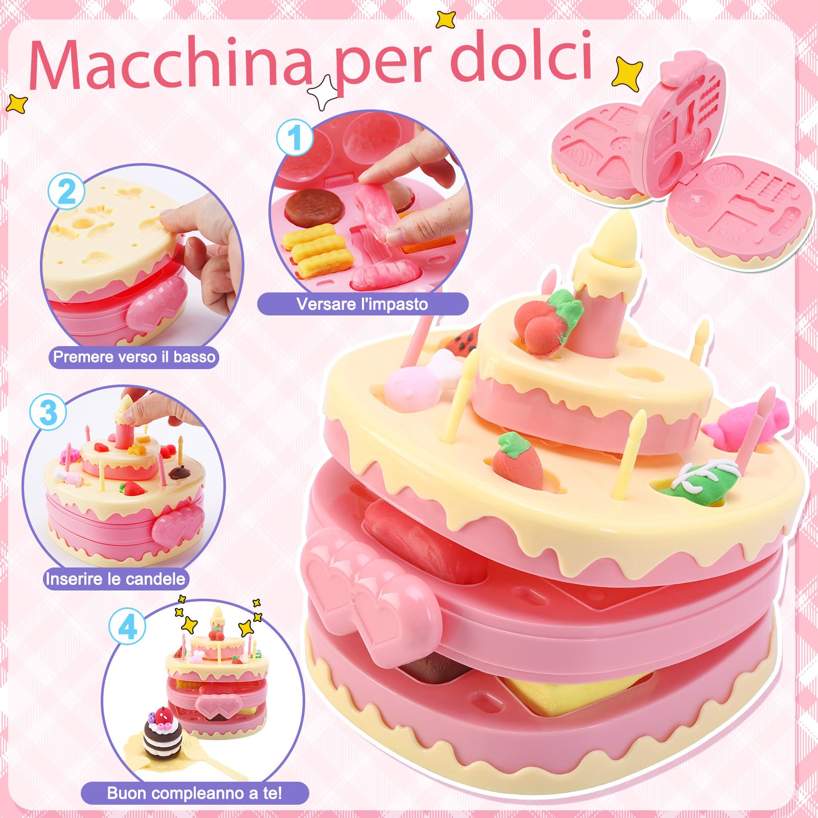 VBACALA Set Plastilina per Bambini 4 in 1-73 Pezzi,Kit Creativo con Accessori per Modellare Gelatiera, Hamburger, Torta e 24 Lattine di Argilla, Feste e Compleanni per Bambini 3+ Anni