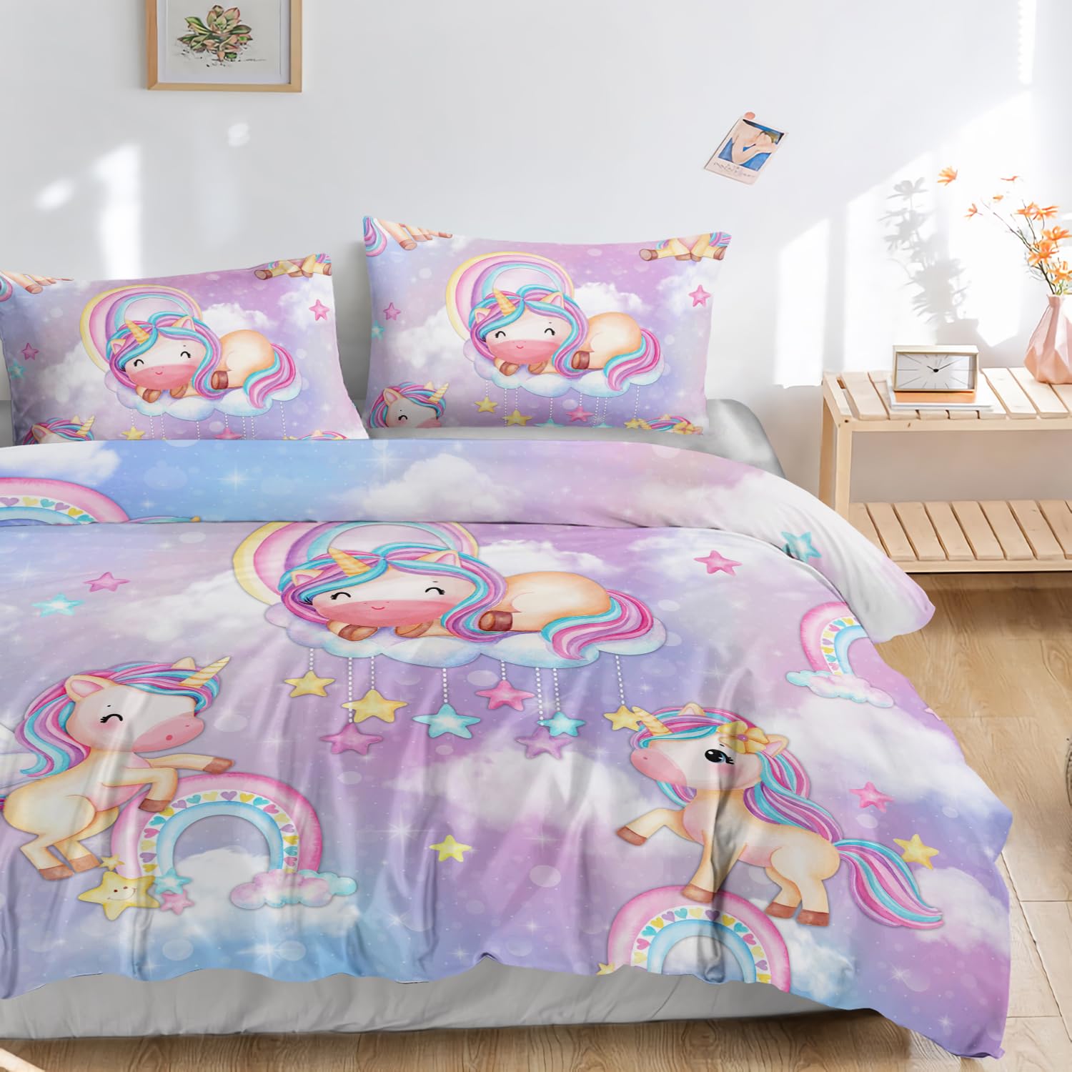 3D Gedruckt Einhorn Bettwäsche, Bunte Bettwäsche Set Geeignet für Kinder/Mädchen/Erwachsene bettwäsche 135 * 200cm,80 * 80cm*1 EFBTTAF057