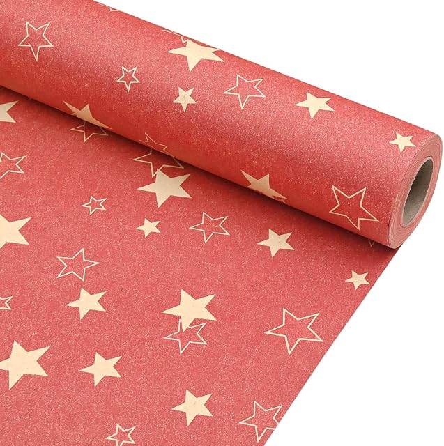 43cm *15m Red Kraft Paper Roll With Star,Topeedy Recycle Red Gift Wrapping Paper,Suitable for Easter Mothers Day Birthday Xmas Wedding Gift Decorations