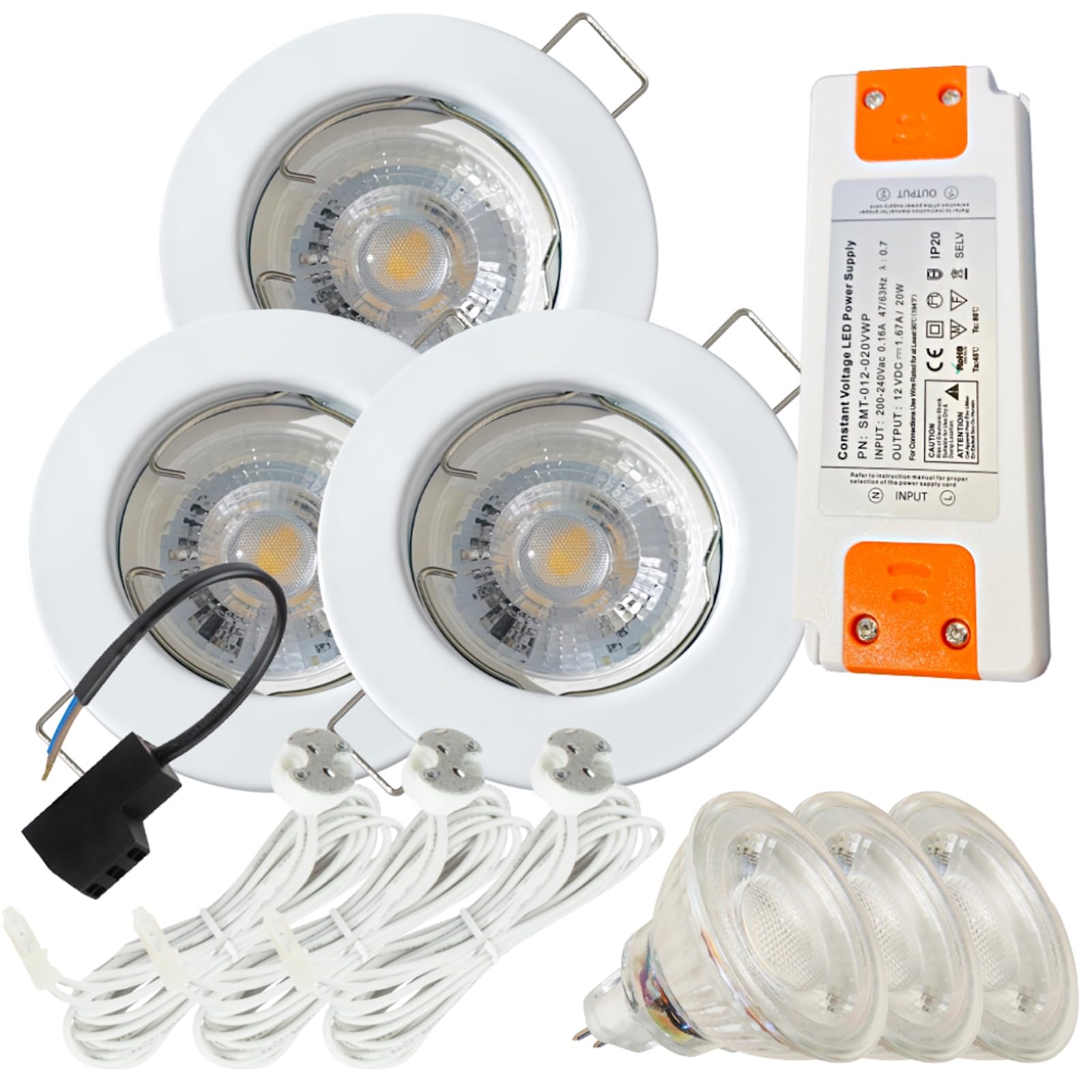 3 Stück LED Einbaustrahler Lotta 12V 5W IP20 Weiß | Warmweiß 3000K, 400lm | inkl. Trafo & MR16-Fassung mit 120cm AMP-Kabel | Für Küche und Wohnbereich | Ideal zur LED-Umrüstung