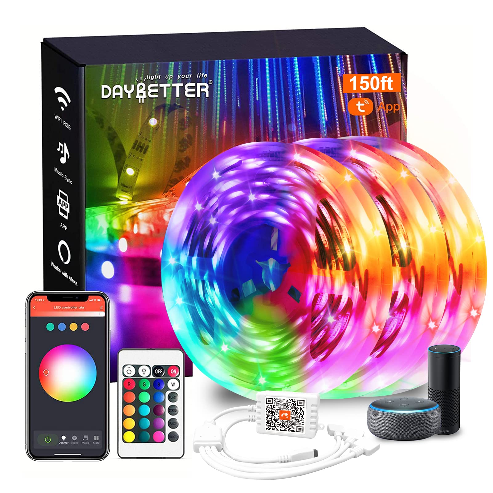 DAYBETTER Smart WiFi Led Lights for Bedroom 150 ft, Tuya App Controlled Led Strip Lights, Compatible with Alexa and Google Assistant, Color Changing