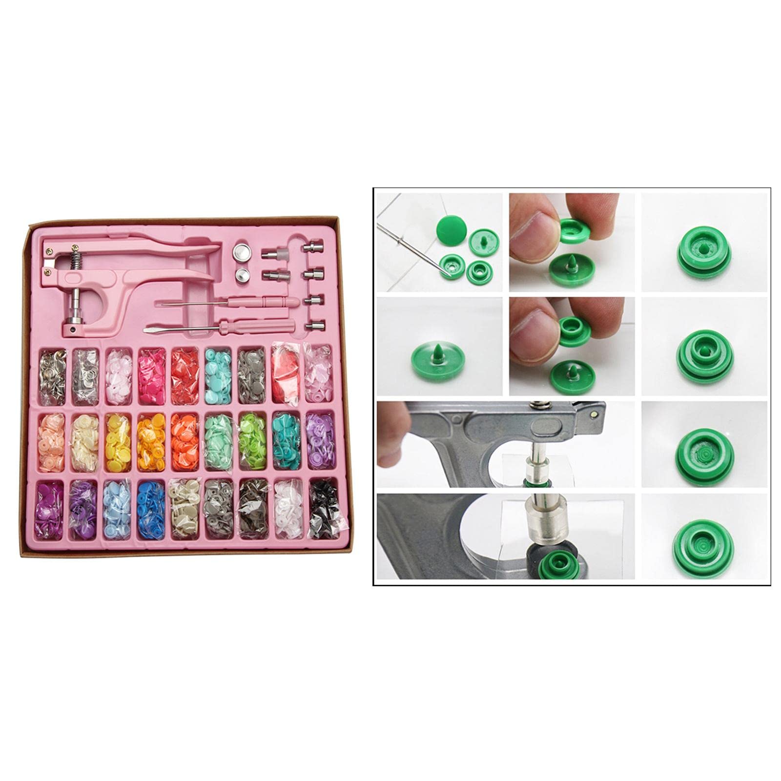 Kit di bottoni a pressione in metallo, 312 pezzi, con pinze, strumento per cucire, colore rosa