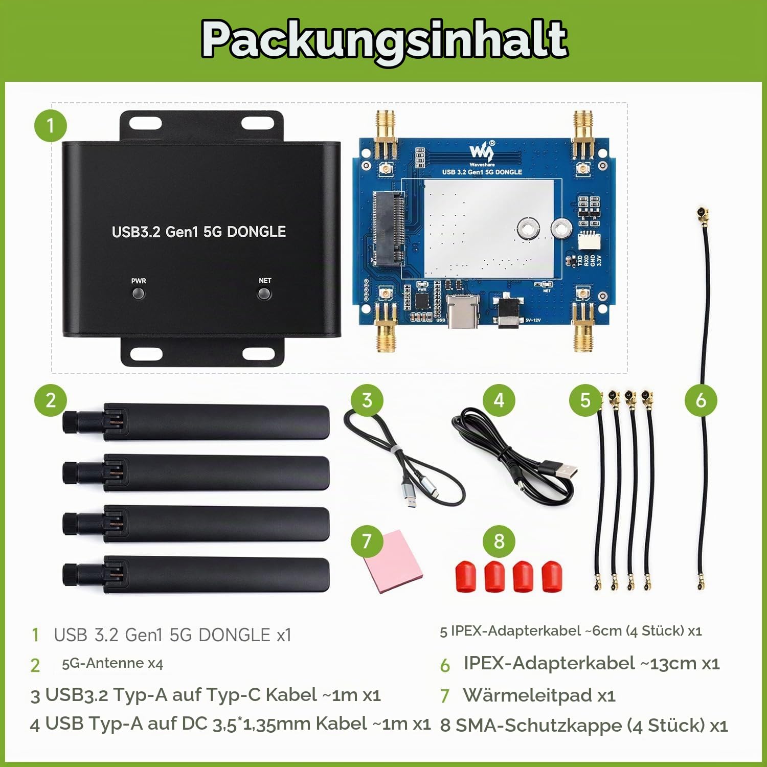 Waveshare 5G DONGLE Expansion Board ONLY, USB 3.2 Port, Aluminum Alloy Case, Quad Antennas, Onboard M.2 Key B Interface, Does NOT Include 5G Module