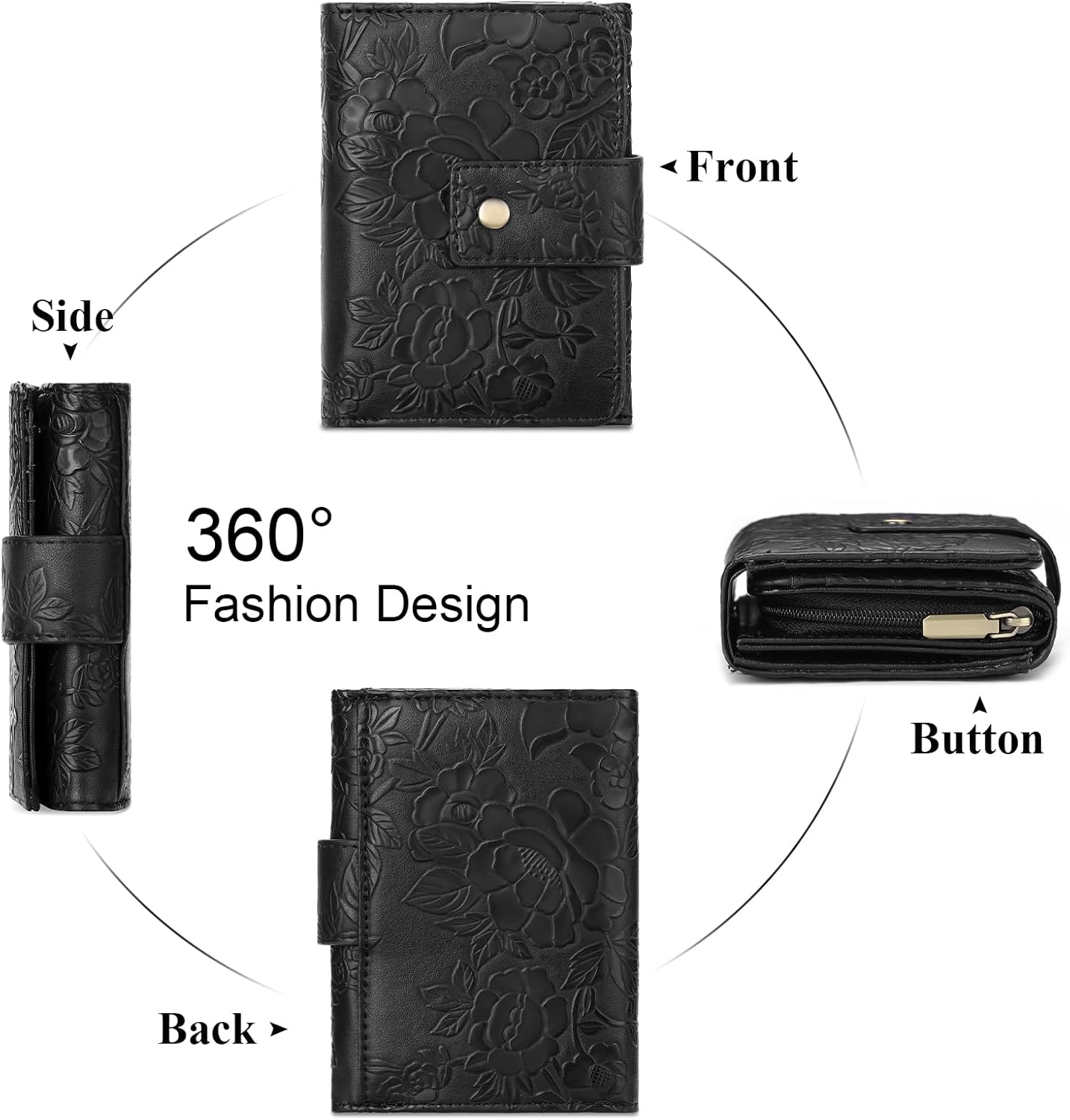 Trifold Genuine Leather Wallet for Women RFID Blocking Credit Card Holder with ID Window and Coin Pocket (Black)