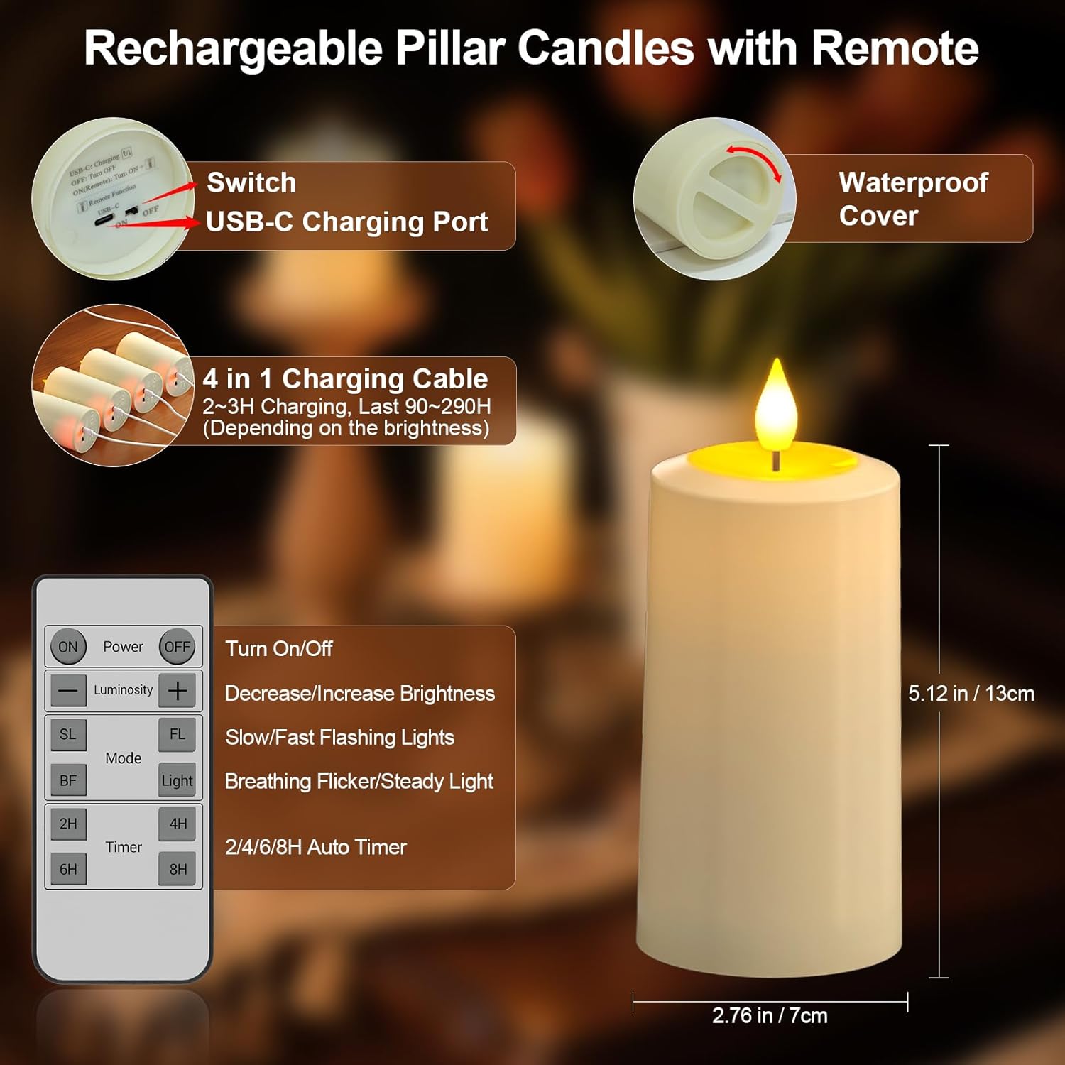 PChero Rechargeable Flameless Candles with Remote Timer, 4 Packs 5.1" x 2.7" Outdoor Waterproof Battery Operated LED Flickering Electric Fake Pillar Candles for Lanterns Porch Patio Decor - Image 2