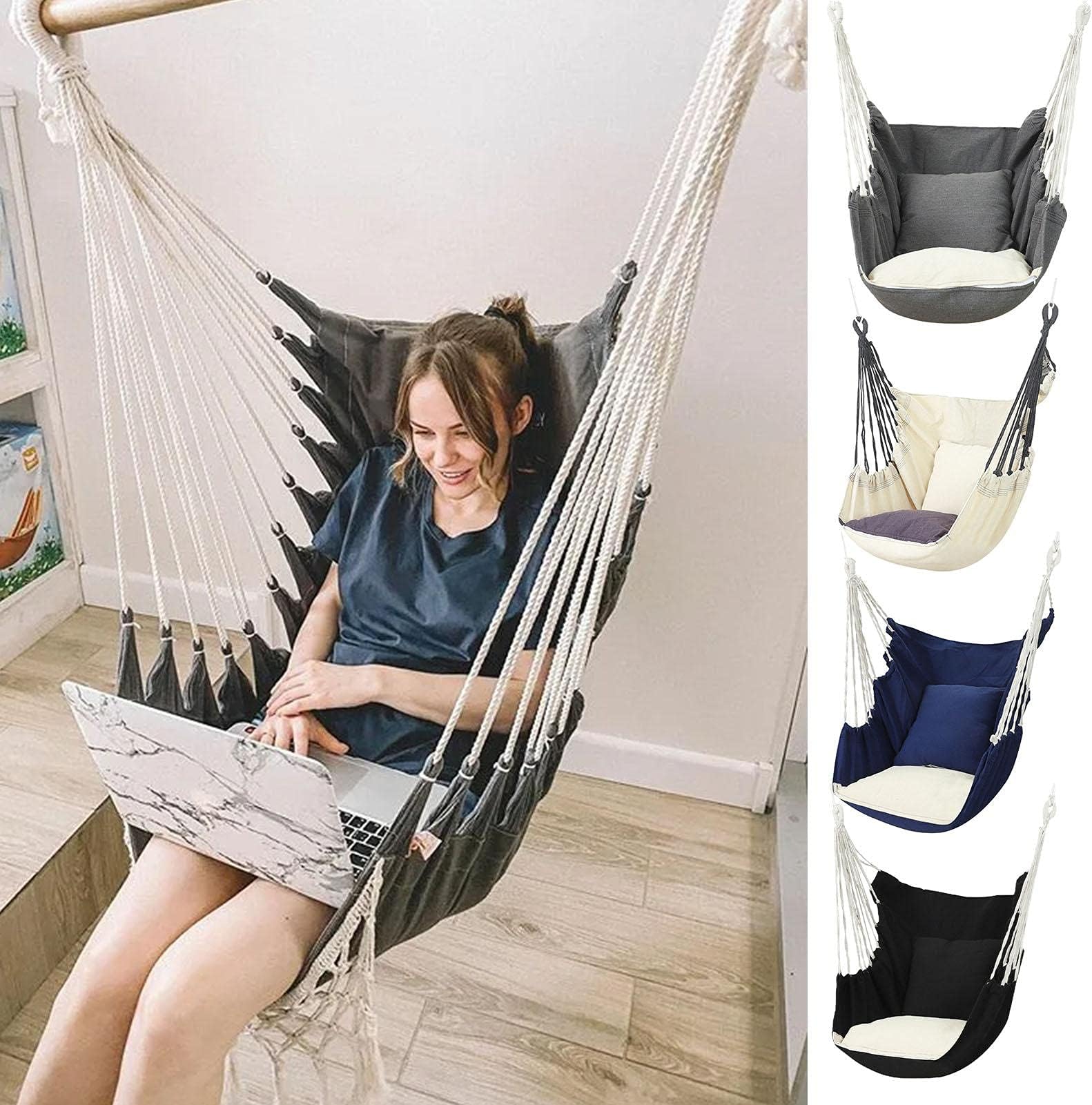 Hanging Rope Swing Hammock Chair Max Capacity 400 Lbs Swing Patio Chairs For Indoor, Outdoor Home, Deck, Yard, Garden - 130x100cm