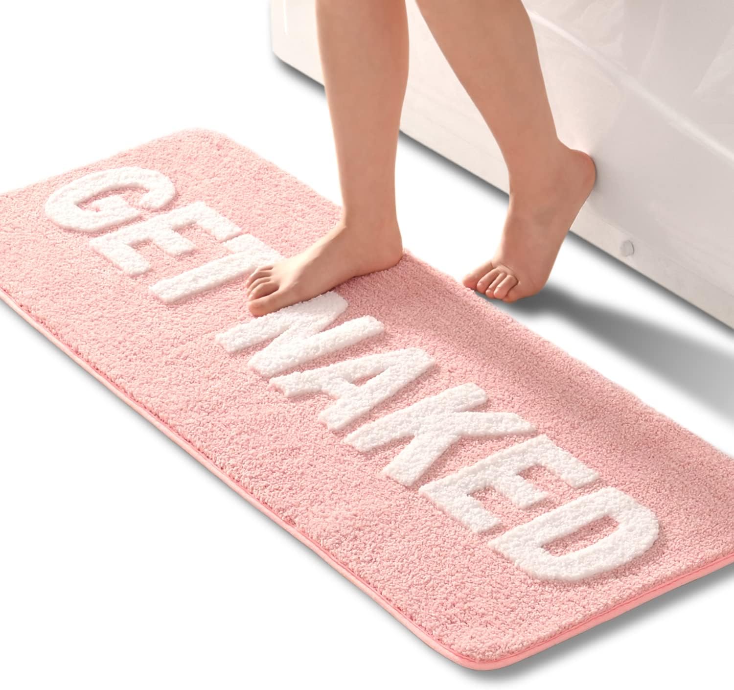 QJHOMO Get Naked Bath Mat Cute Pink and White Bathroom Rugs Funny Non Slip Bathtub Decor Mats Super Absorbent Floor Carpet Machine Washable Bahtmat for Tub, Shower, Bedroom (18x48 inch)