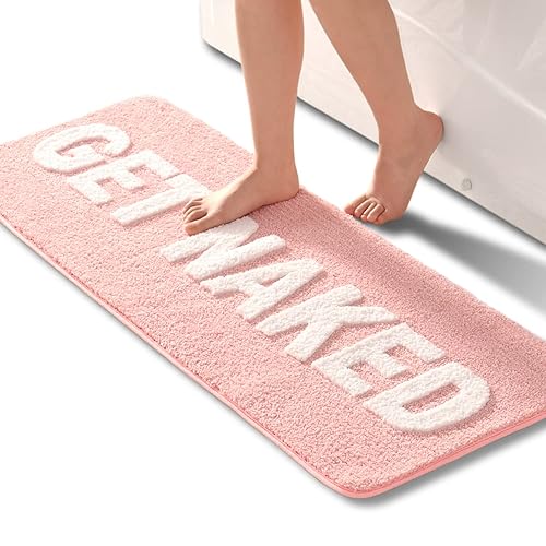 QJHOMO Get Naked Bath Mat Cute Pink and White Bathroom Rugs Funny Non Slip Bathtub Decor Mats Super Absorbent Floor Carpet Machine Washable Bahtmat for Tub, Shower, Bedroom (18x48 inch) - 1'6" x 4' (Rectangular) - Pink and White