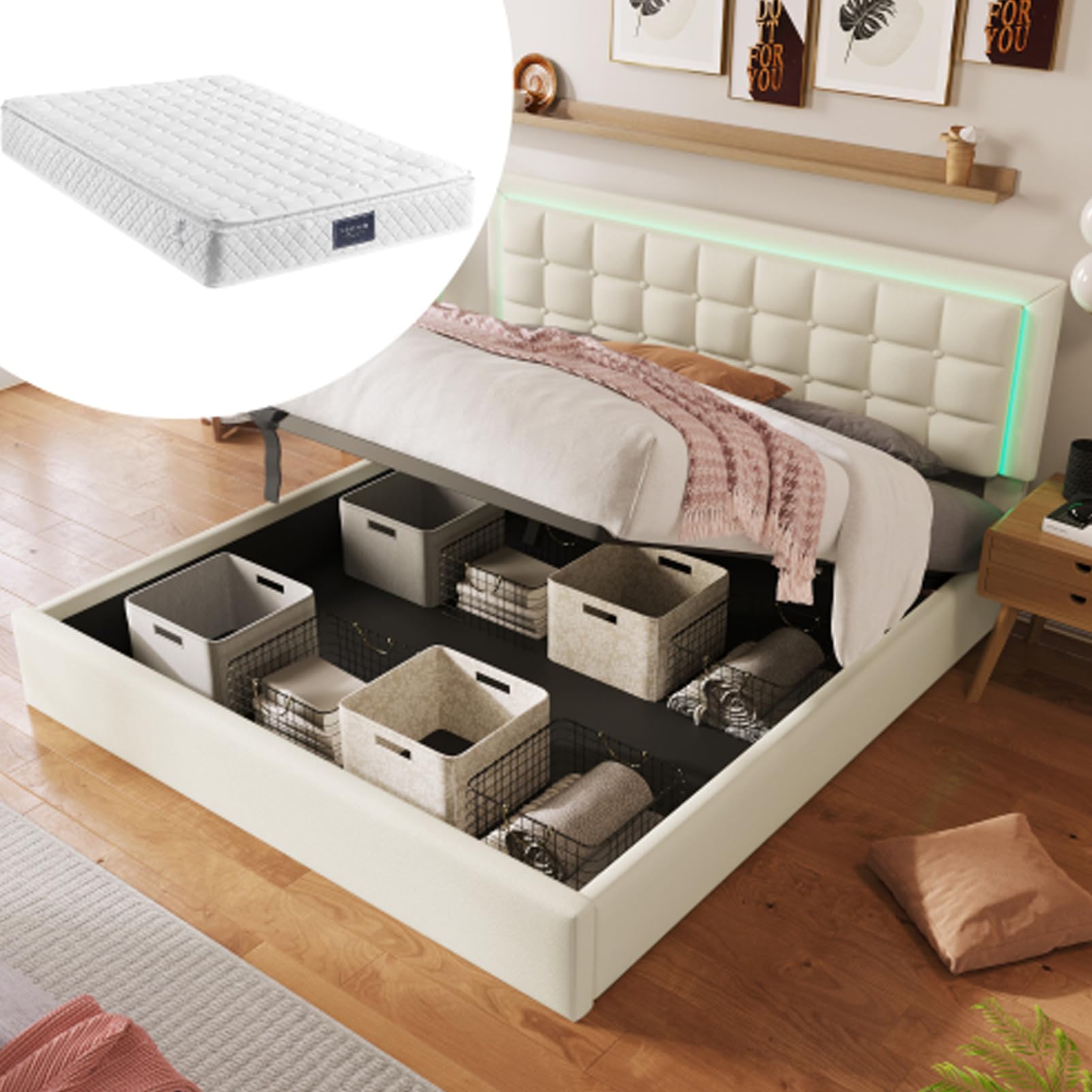 Letto Imbottito Inclusa Striscia Luminosa A LED Giroletto Letto Matrimoniale Letto Contenitore Box Letti Per Ragazzi Adulti Per Gli Ospiti Rivestimento Similpelle Bianco 140x200 Con Materasso