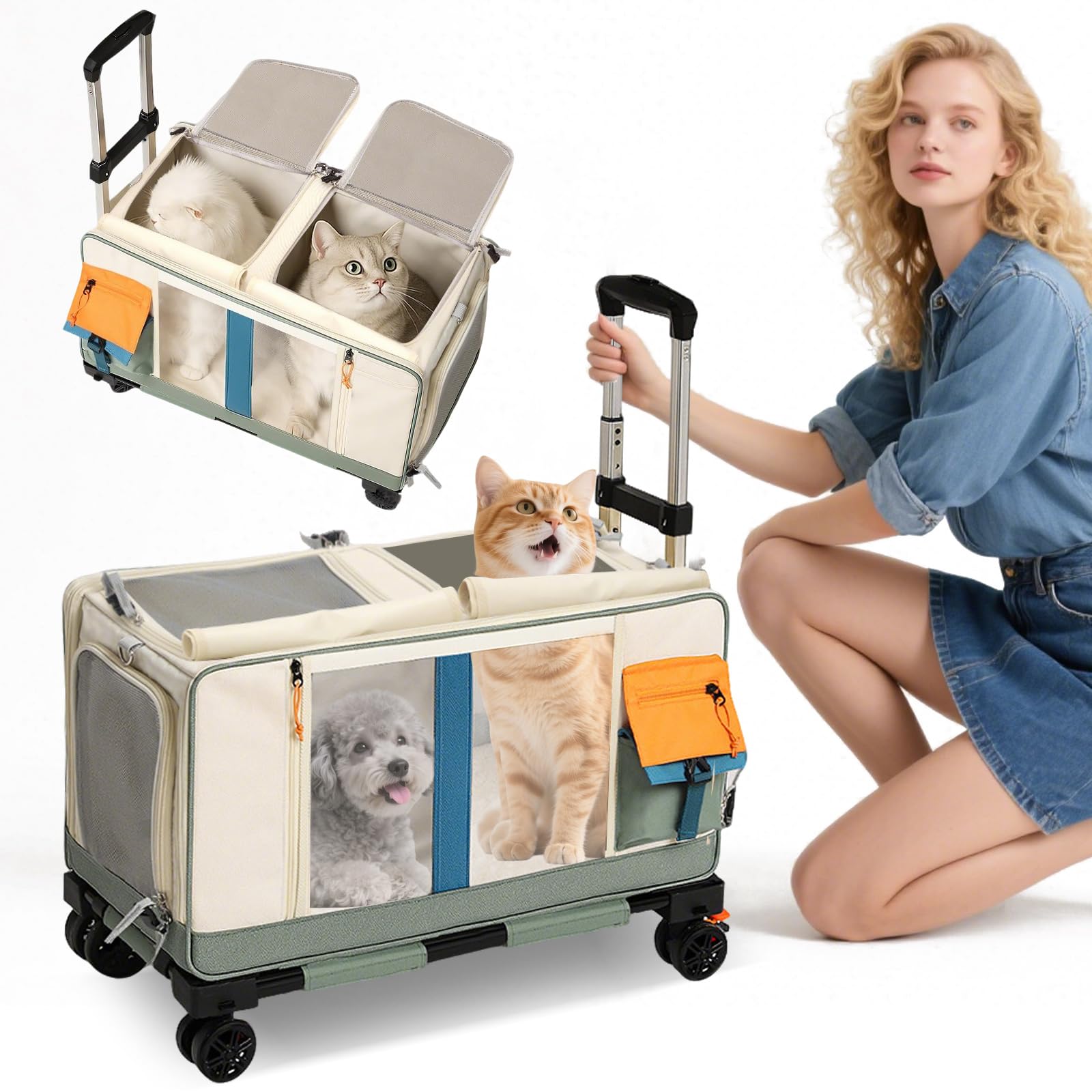 PETCUTE Transportín Doble para 2 Gatos con Ruedas,Transportador Rodante para Mascotas con Base Extraíble y Correas de Seguridad,Plegable Bolsa de Transporte para 2 Gatos Pequeños Perros Conejos